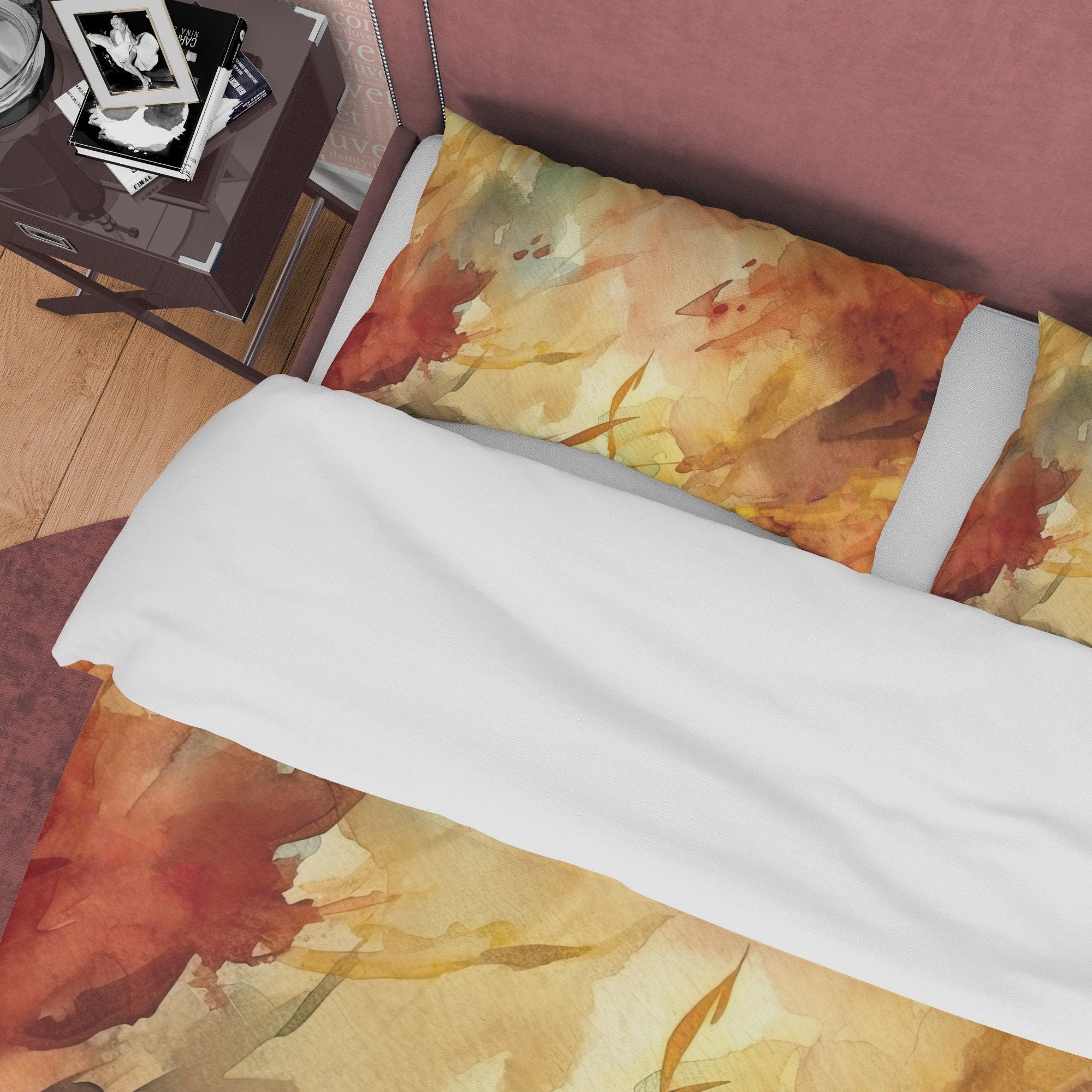 Yellow Brown Abstract Autumn Duvet Cover Fall Bedding Set, Neutral Colors Aesthetic Quilt Cover, Boho Bedspread, Paint Printed Bed Cover