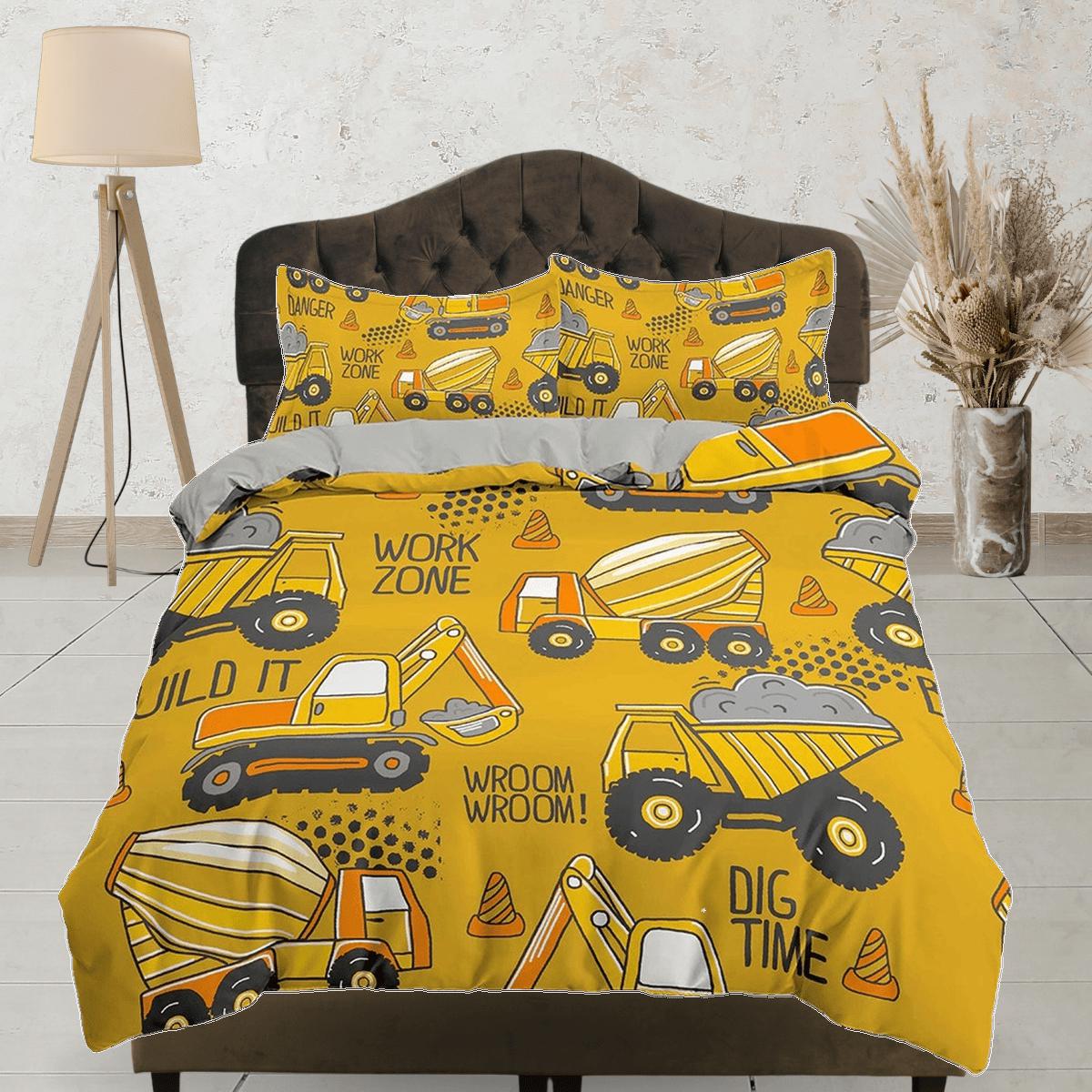 daintyduvet Yellow Bulldozers Bedding, Duvet Cover Set & Pillowcase, Zipper Bedding, Dorm Bedding, Teens Adult Duvet King Queen Full Twin Single