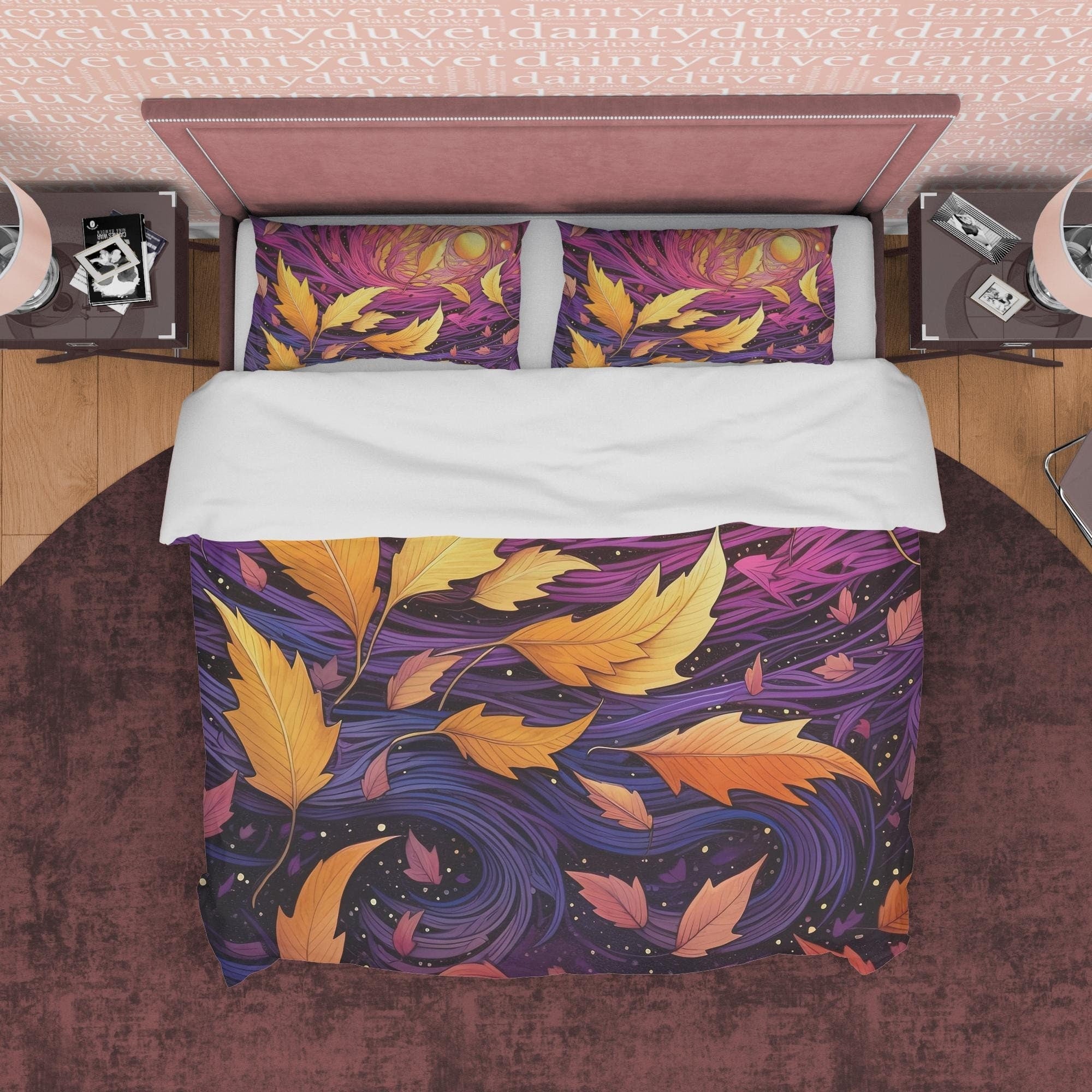 Yellow Fall Leaves Duvet Cover Purple Autumn Bedding Set, Warm Autumn Colors Printed Quilt Cover, Foliage Bedspread