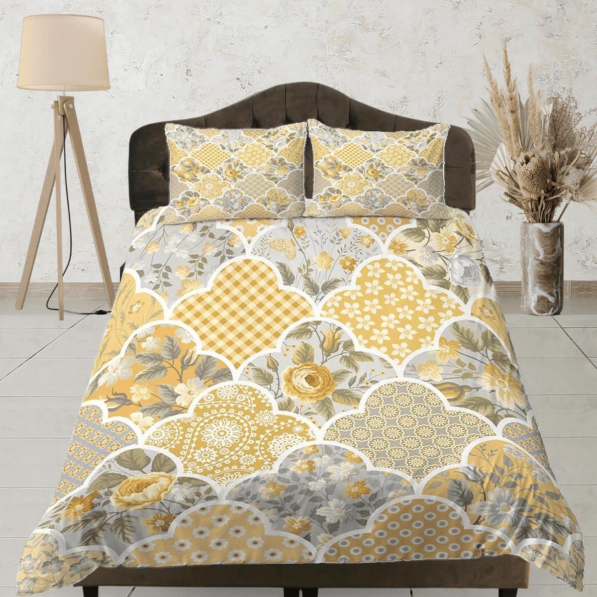 daintyduvet Yellow floral shabby chic patchwork quilt printed duvet cover set, aesthetic room decor bedding set full, king, queen size, boho bedspread
