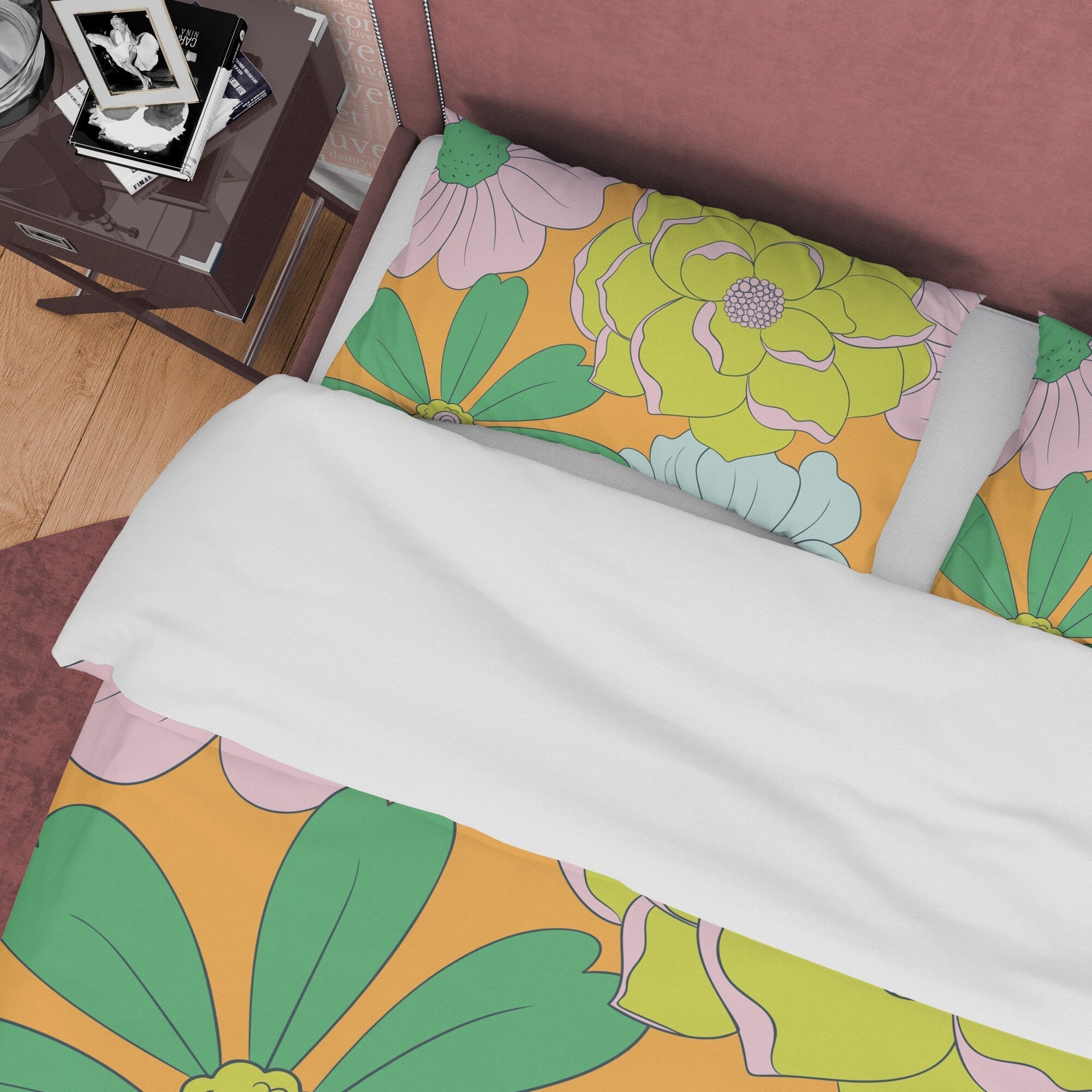 Yellow Green Floral Boho Bedding Colorful Duvet Cover Bohemian Bedroom Set, Flower Quilt Cover, Aesthetic Bedspread, Unique Blanket Cover