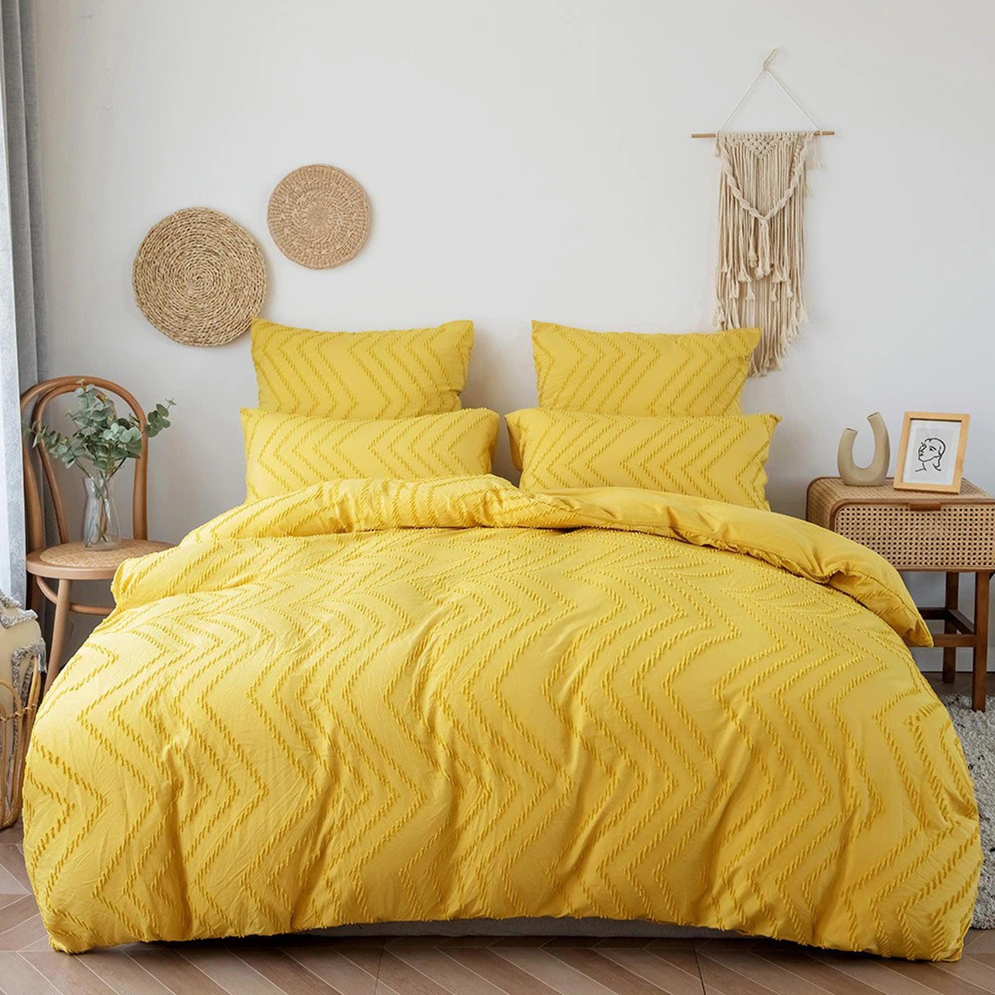 daintyduvet Yellow Tufted Bed, Chevron Chenille Duvet Cover Set, Pom Pom Quilt, Boho Bed Cover, Shabby Chic Bedding, Textured Duvet King Queen