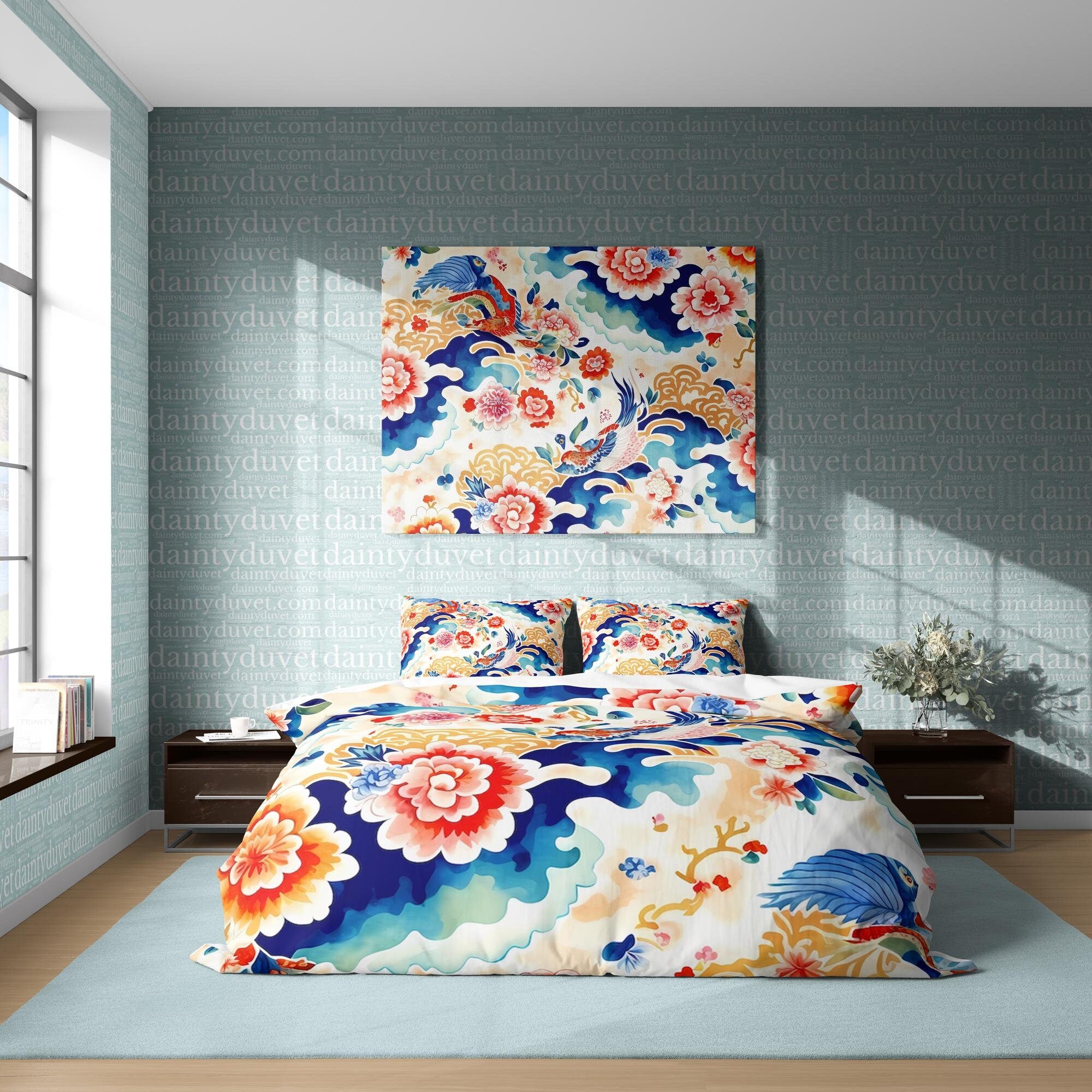 BeddingDesigner - Koi Fish Duvet Cover Chrysanthemum Quilt Cover, Japanese Art Bedding Set Colorful Blanket Cover, Adults Room Bedspread Retro Bed Cover