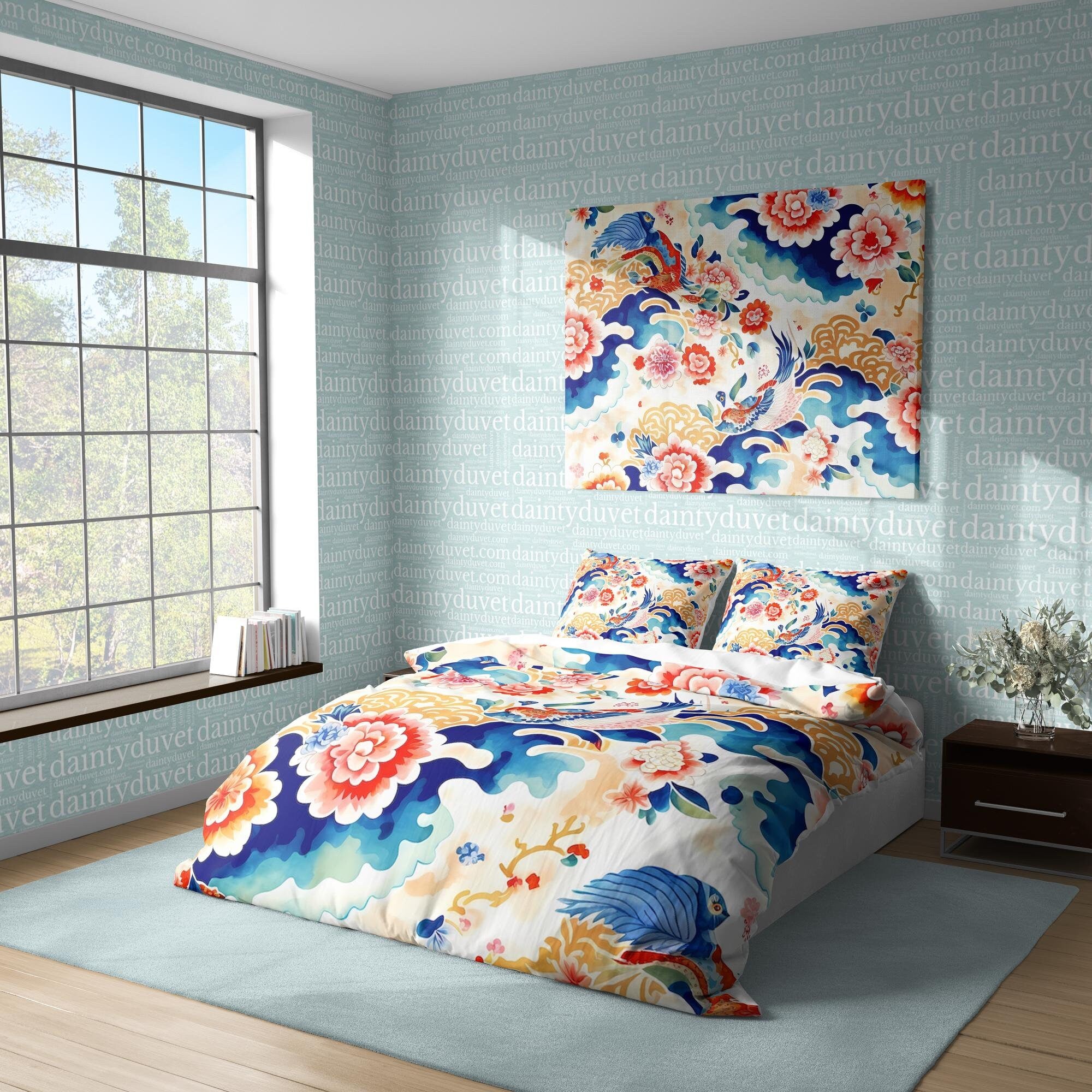 BeddingDesigner - Koi Fish Duvet Cover Chrysanthemum Quilt Cover, Japanese Art Bedding Set Colorful Blanket Cover, Adults Room Bedspread Retro Bed Cover