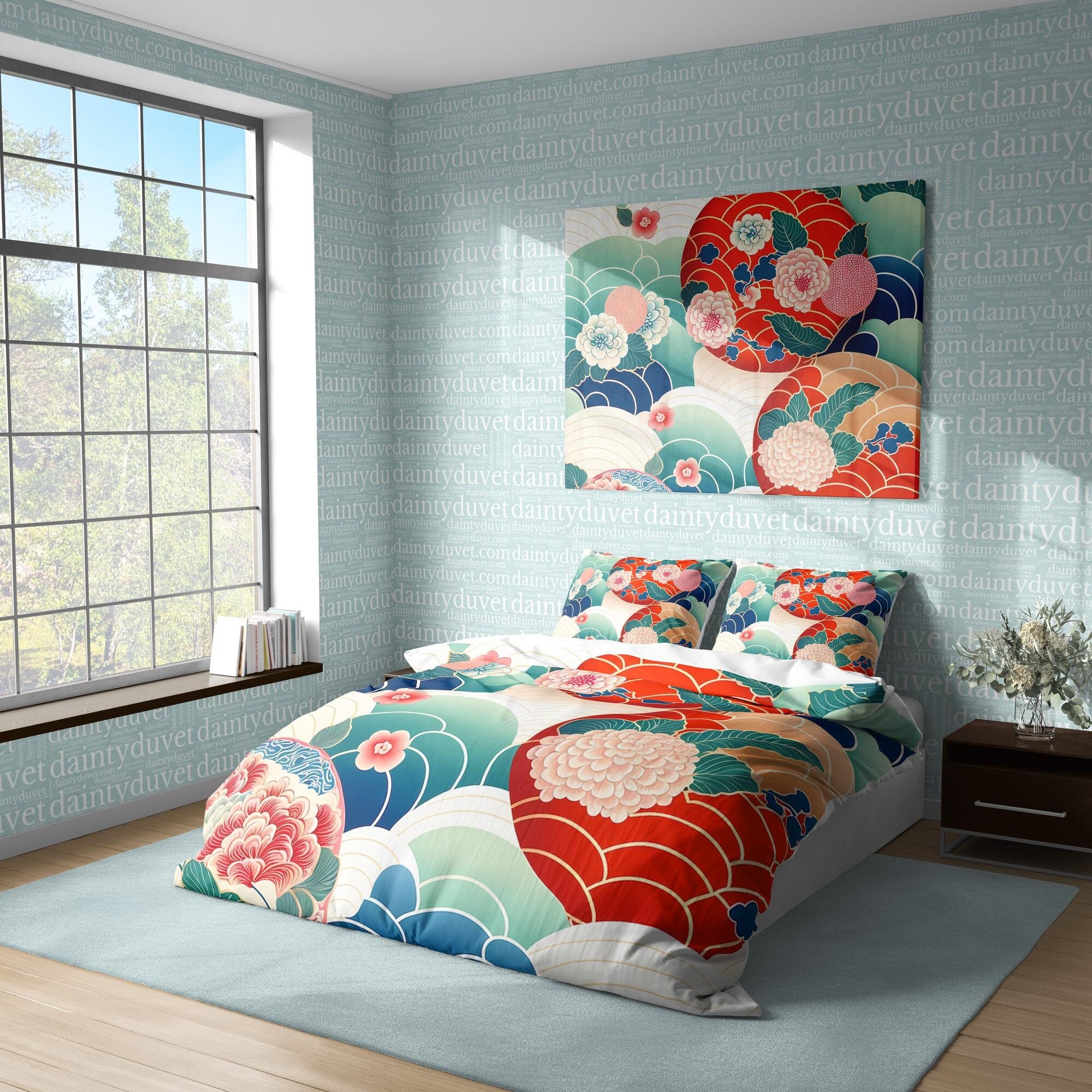 BeddingDesigner - Chrysanthemum Duvet Cover Vibrant Color Quilt Cover, Colorful Bedspread Japanese Pattern Bedding Set, Oriental Pattern Bed Cover