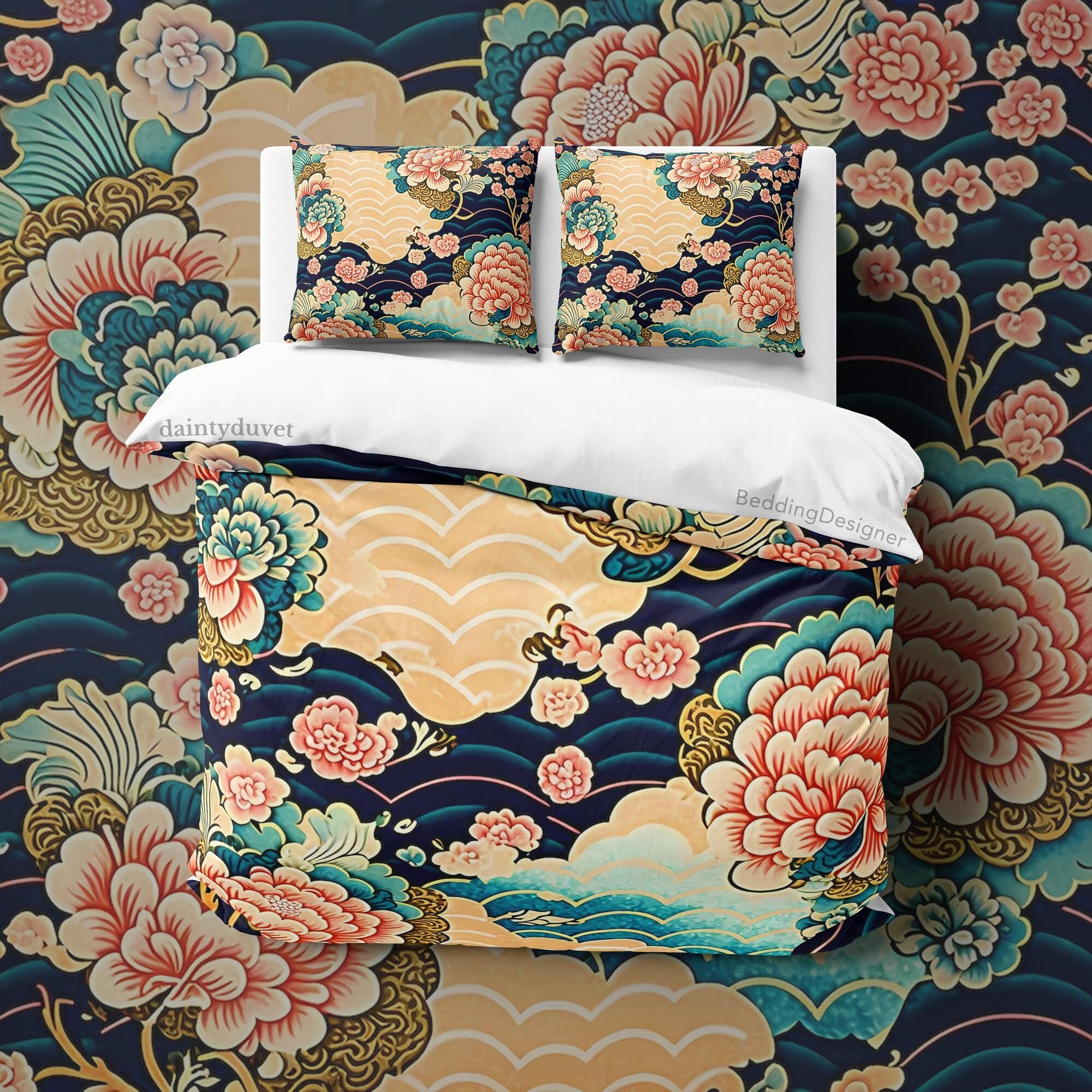 BeddingDesigner - Chrysanthemum Duvet Cover Oriental Pattern Quilt Cover, Japanese Pattern Bedding Set Teens Bedroom Blanket Cover, Colorful Bedspread