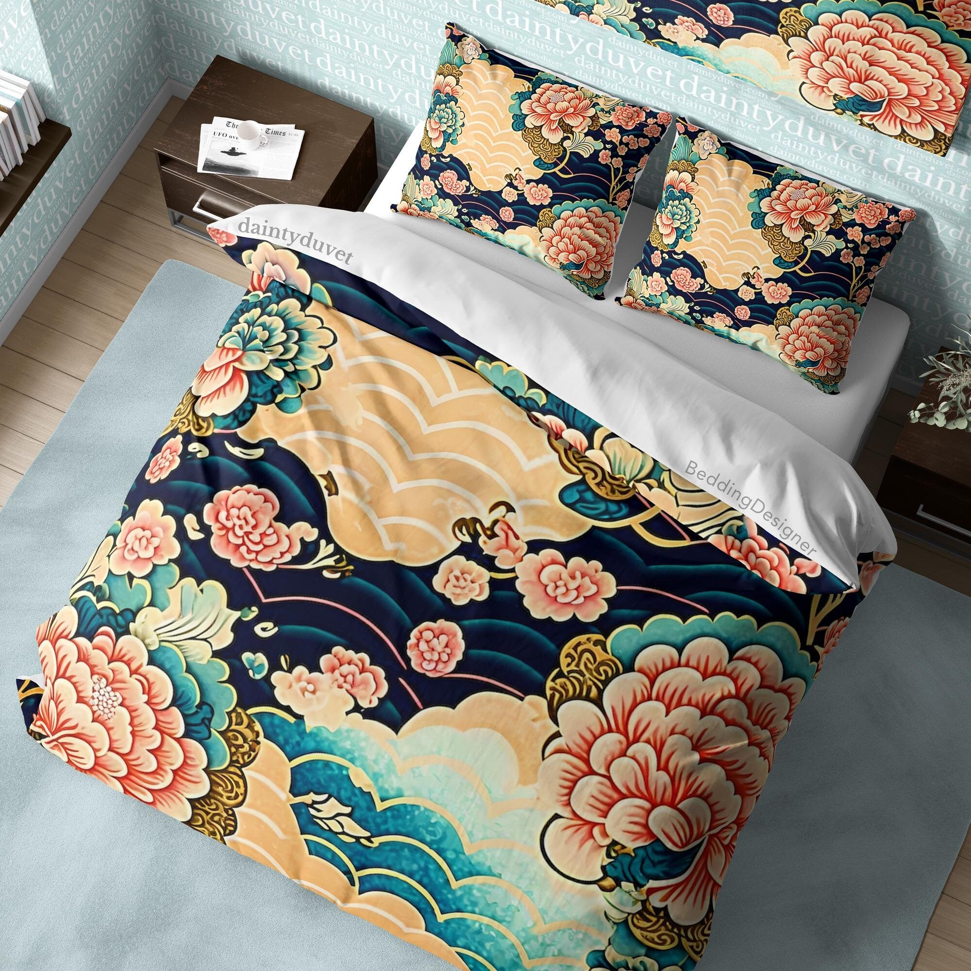 BeddingDesigner - Chrysanthemum Duvet Cover Oriental Pattern Quilt Cover, Japanese Pattern Bedding Set Teens Bedroom Blanket Cover, Colorful Bedspread