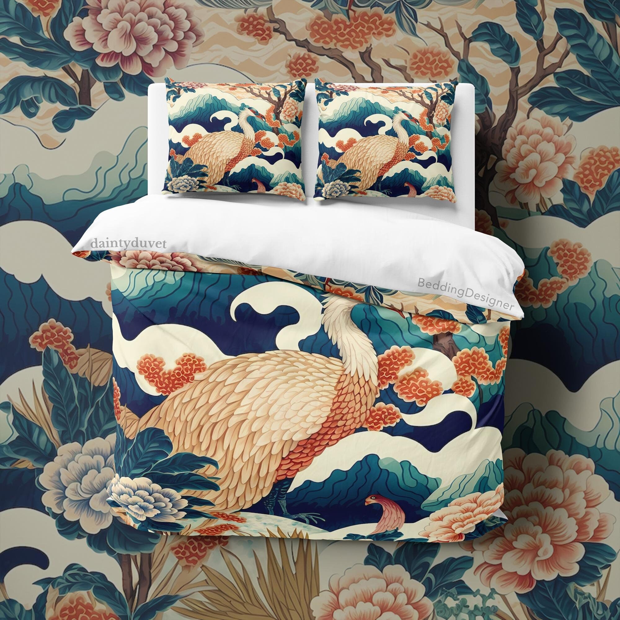 BeddingDesigner - Legendary Bird Duvet Cover Japanese Quilt Cover, Basan Bedding Set Mythical Creature Blanket Cover, Colorful Bedspread Wave Bed Cover