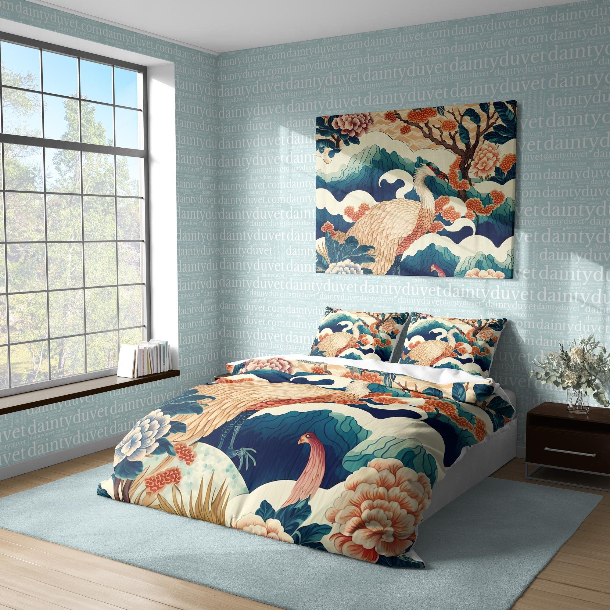 BeddingDesigner - Legendary Bird Duvet Cover Japanese Quilt Cover, Basan Bedding Set Mythical Creature Blanket Cover, Colorful Bedspread Wave Bed Cover