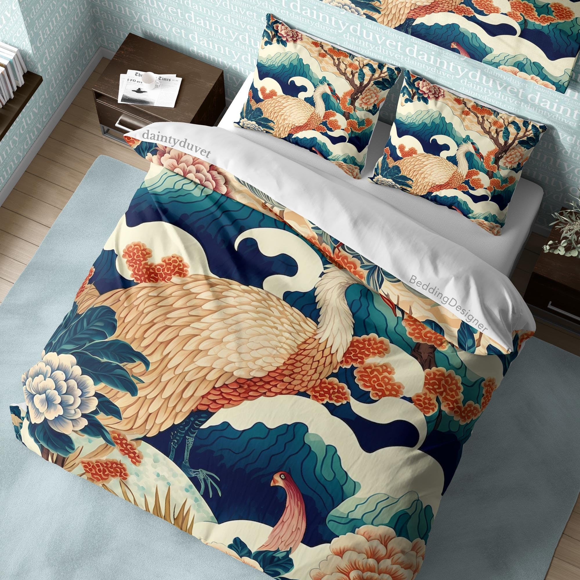 BeddingDesigner - Legendary Bird Duvet Cover Japanese Quilt Cover, Basan Bedding Set Mythical Creature Blanket Cover, Colorful Bedspread Wave Bed Cover