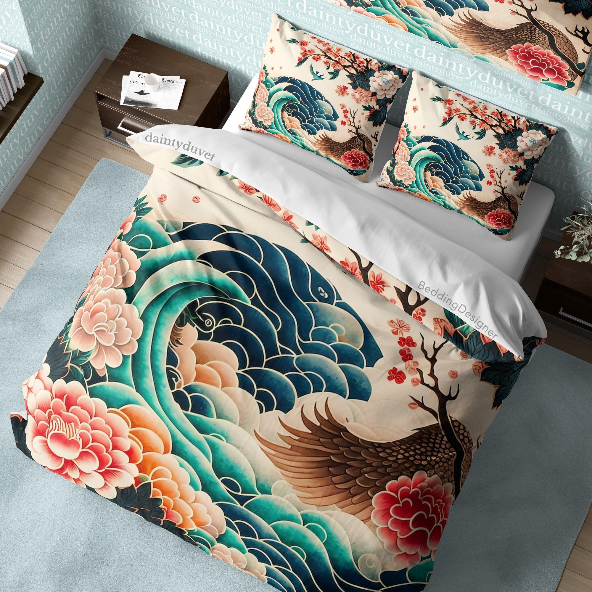 BeddingDesigner - Bird Wing Duvet Cover Great Wave Quilt Cover, Japanese Art Bedding Set Camellia Blanket Cover, Floral Bedspread Girls Room Bedcover