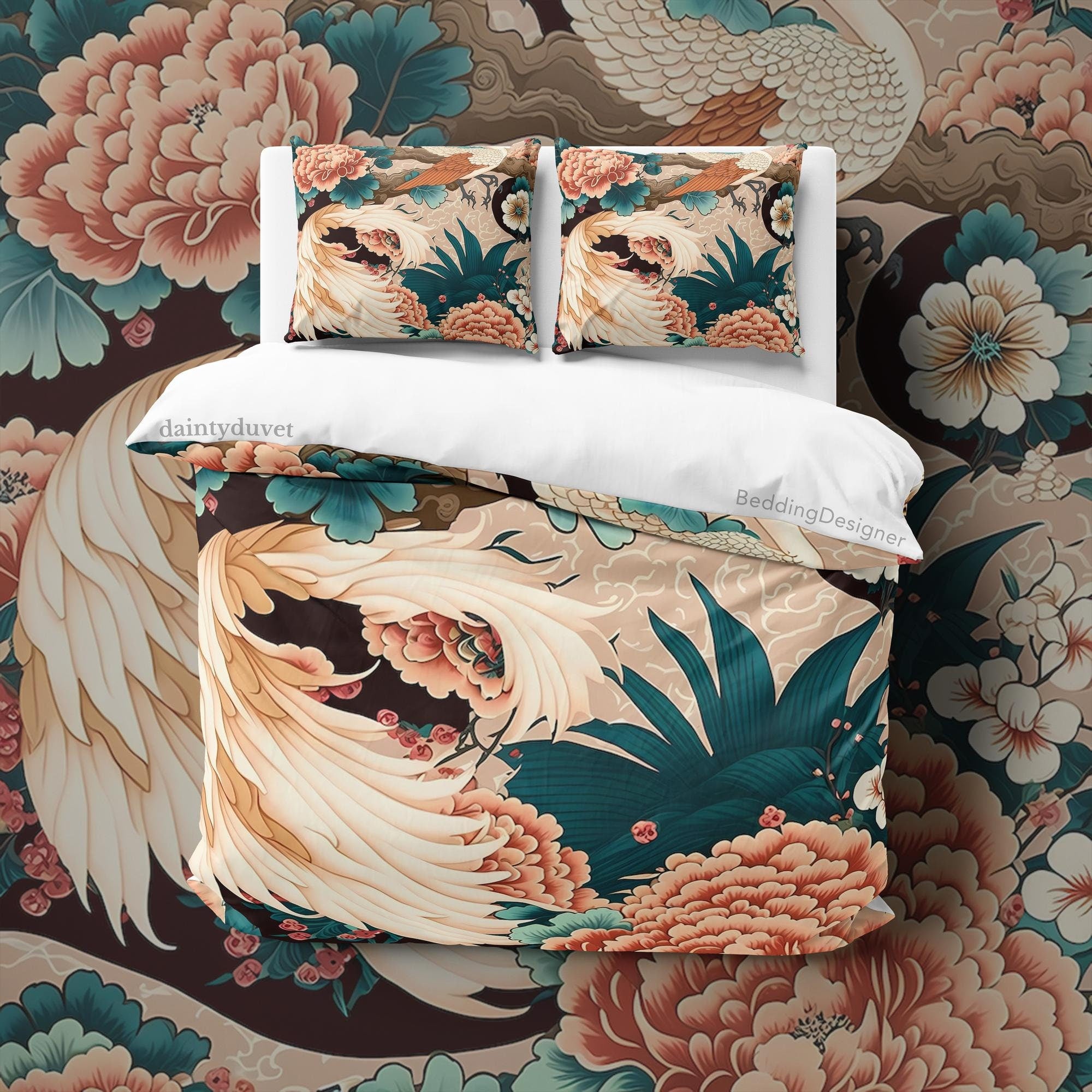 BeddingDesigner - Colorful Japanese Pattern Bedding Set, Cotton Duvet Cover Chrysanthemum Bonsai Blanket Cover, Girly Bedroom Bedspread Unique Bed Cover