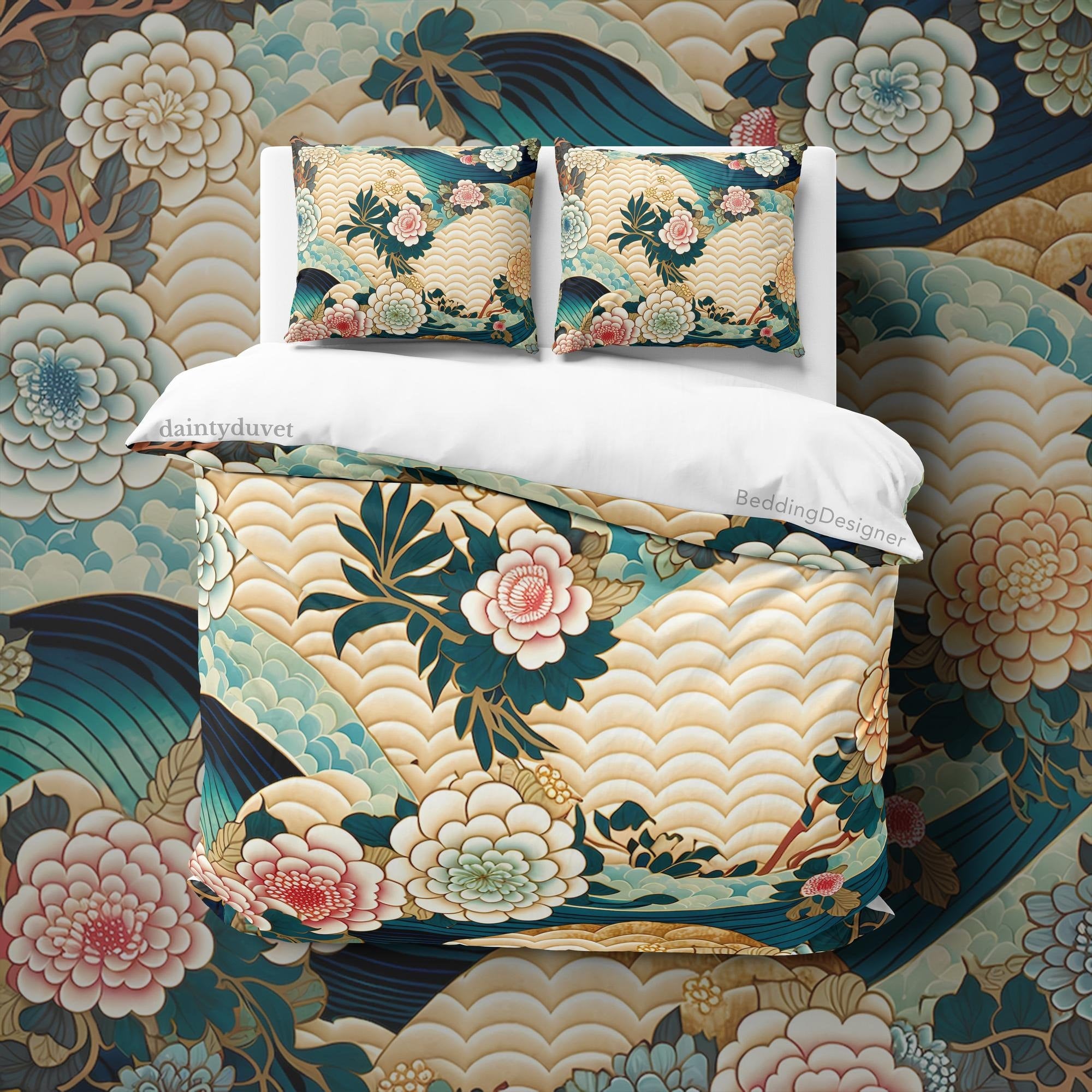 BeddingDesigner - Oriental Pattern Duvet Cover Fish Scale Quilt Cover, Great Wave Bedding Set Chrysanthemum Bedspread, Japanese Pattern Blanket Cover