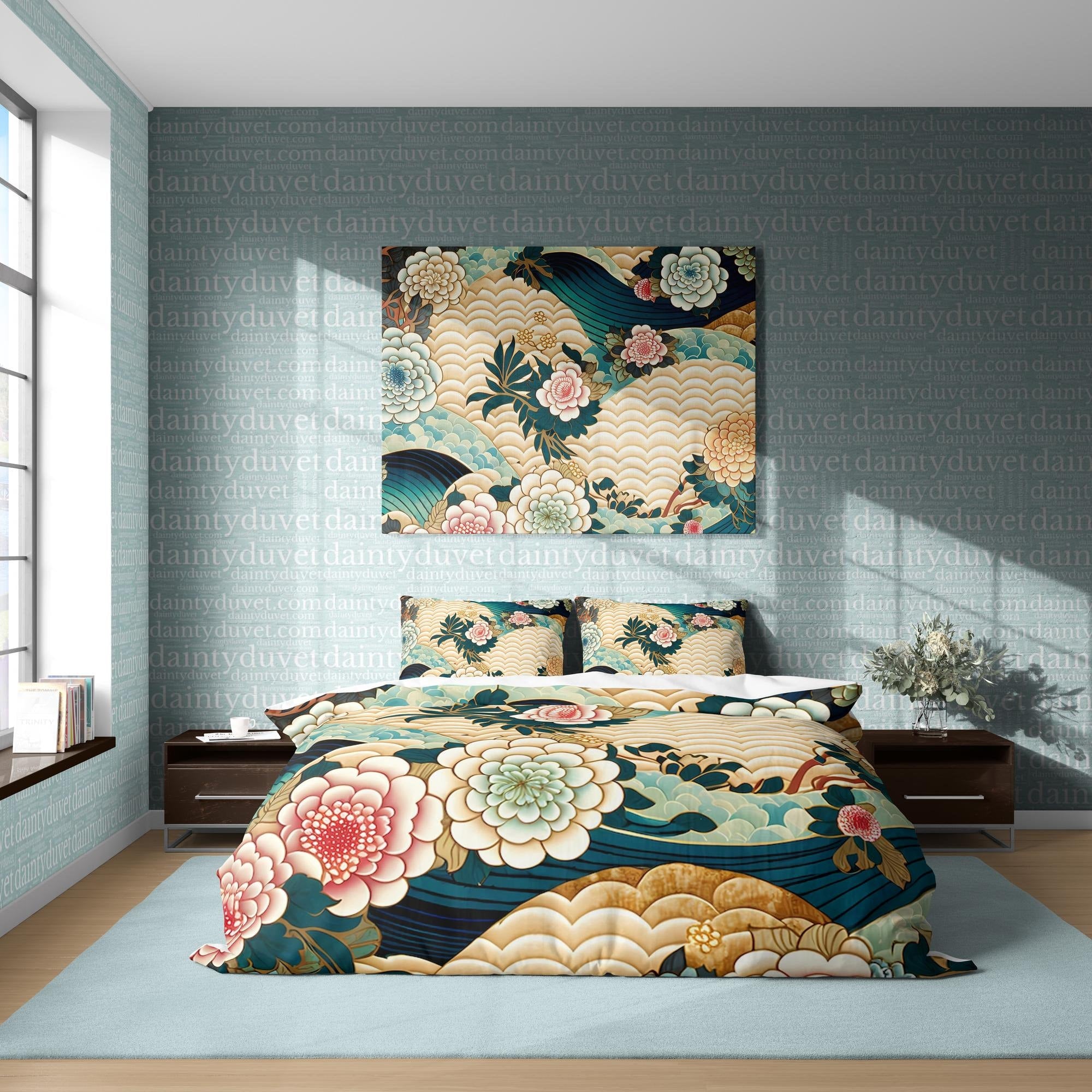 BeddingDesigner - Oriental Pattern Duvet Cover Fish Scale Quilt Cover, Great Wave Bedding Set Chrysanthemum Bedspread, Japanese Pattern Blanket Cover