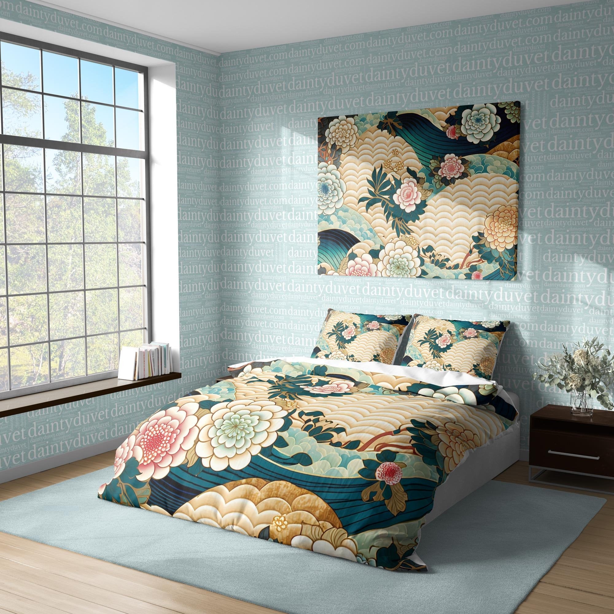 BeddingDesigner - Oriental Pattern Duvet Cover Fish Scale Quilt Cover, Great Wave Bedding Set Chrysanthemum Bedspread, Japanese Pattern Blanket Cover