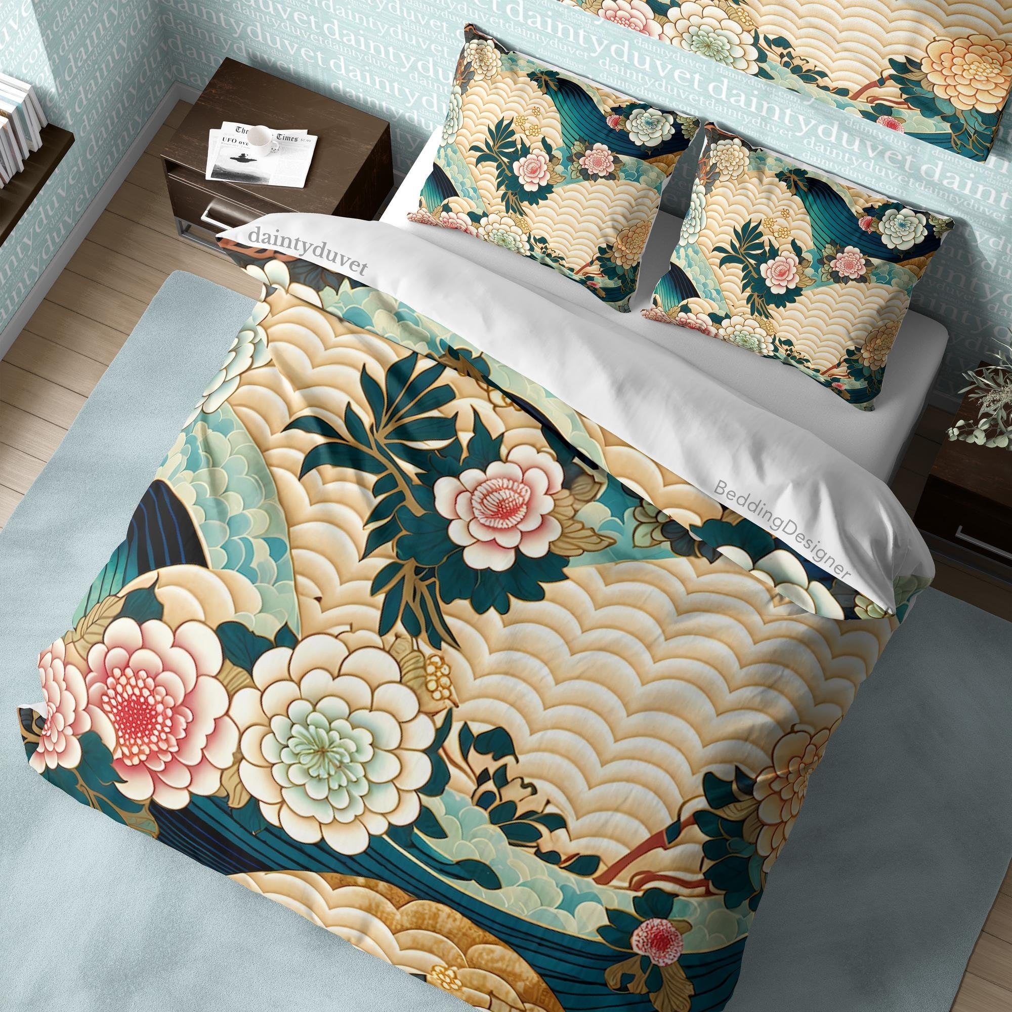 BeddingDesigner - Oriental Pattern Duvet Cover Fish Scale Quilt Cover, Great Wave Bedding Set Chrysanthemum Bedspread, Japanese Pattern Blanket Cover