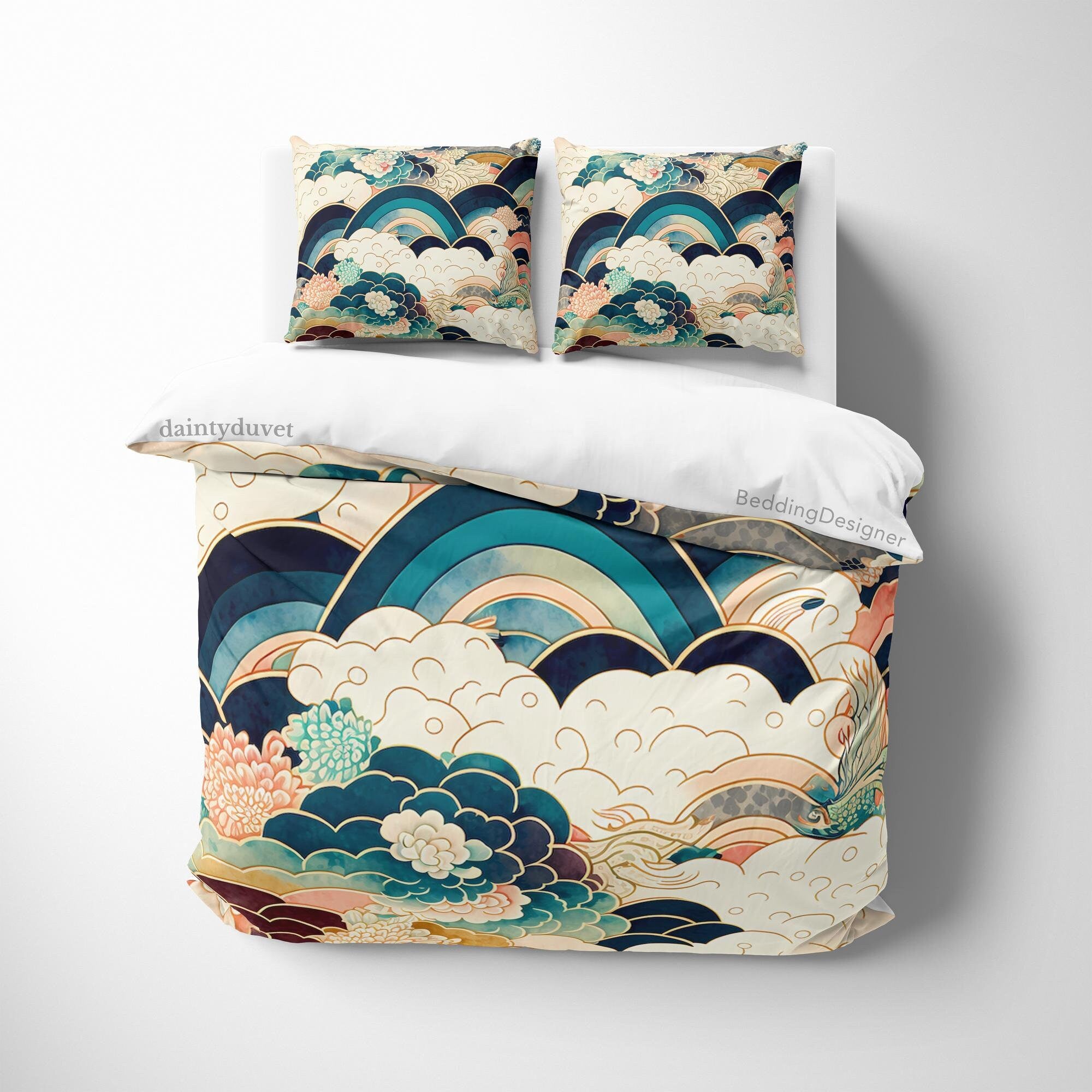 BeddingDesigner - Mythical Japanese Art Duvet Cover Oriental Pattern Quilt Cover, Cloud Bedding Set Rainbow Blanket Cover Zen Vibe Bed Coverc