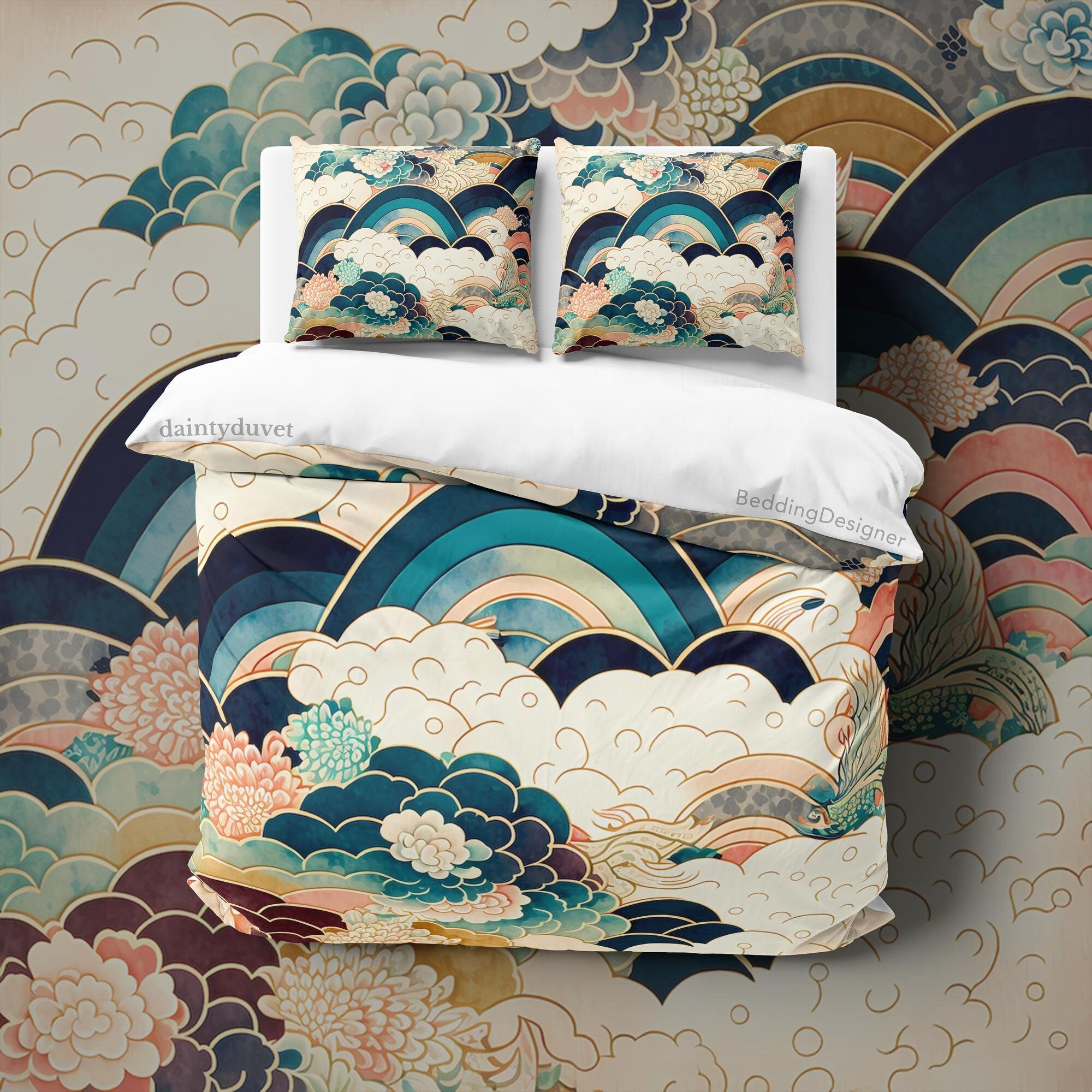 BeddingDesigner - Mythical Japanese Art Duvet Cover Oriental Pattern Quilt Cover, Cloud Bedding Set Rainbow Blanket Cover Zen Vibe Bed Coverc