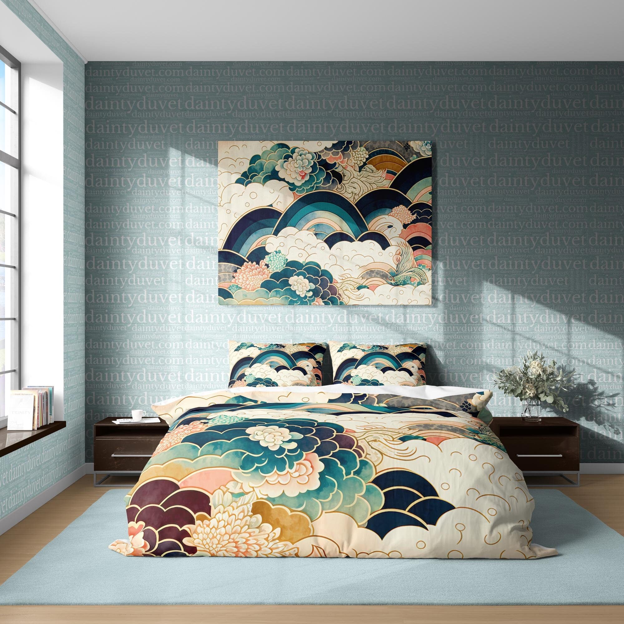 BeddingDesigner - Mythical Japanese Art Duvet Cover Oriental Pattern Quilt Cover, Cloud Bedding Set Rainbow Blanket Cover Zen Vibe Bed Coverc