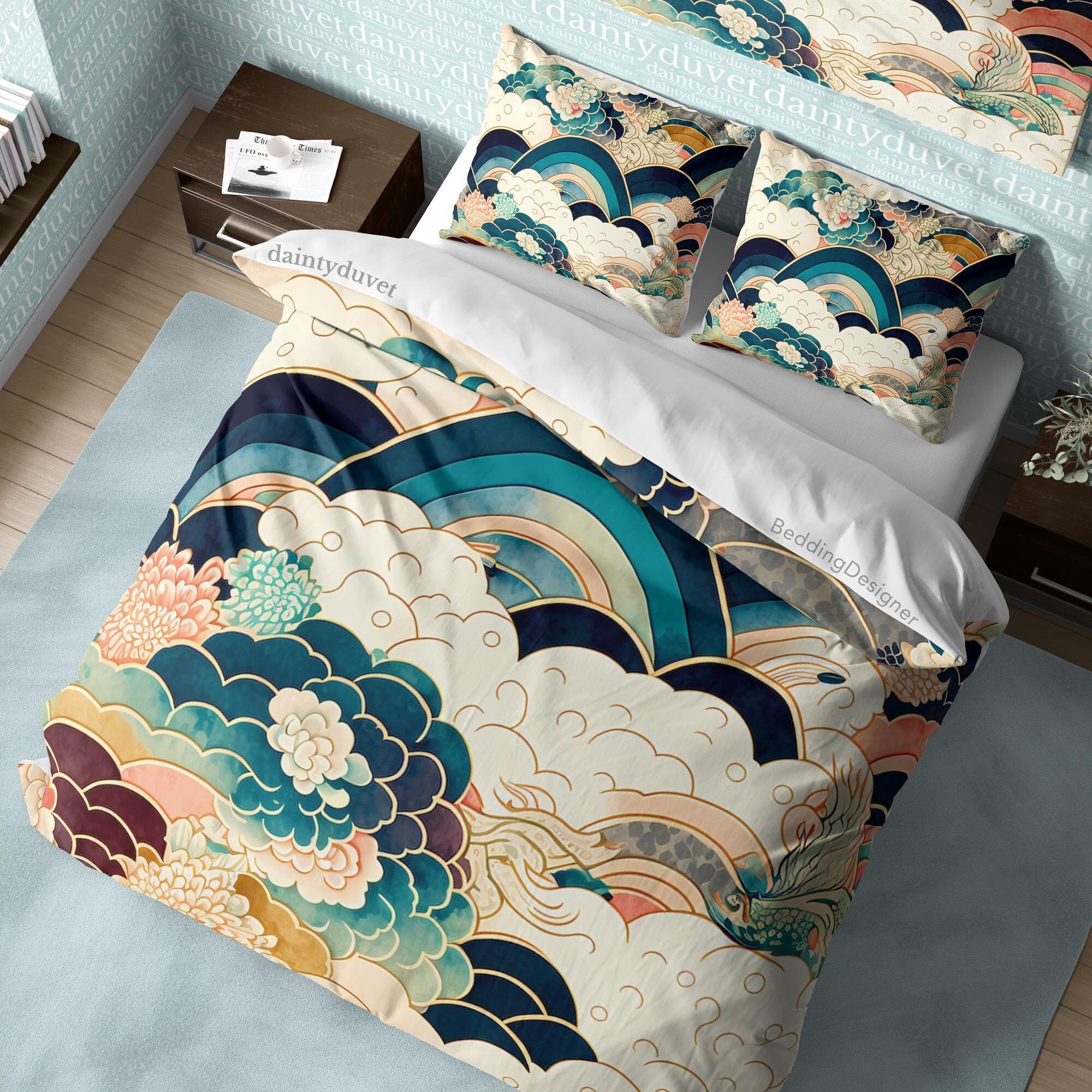 BeddingDesigner - Mythical Japanese Art Duvet Cover Oriental Pattern Quilt Cover, Cloud Bedding Set Rainbow Blanket Cover Zen Vibe Bed Coverc