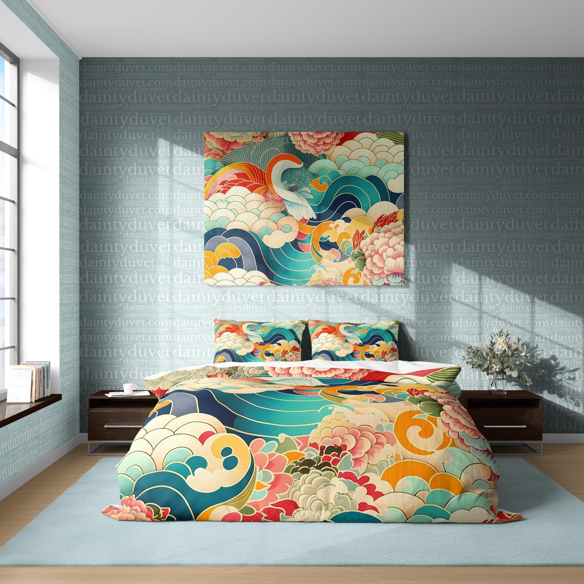 BeddingDesigner - Great Wave Duvet Cover Japanese Flower Quilt Cover, Chrysanthemum Bedding Set Colorful Blanket Cover, Unique Bedspread Adults Bed Cover