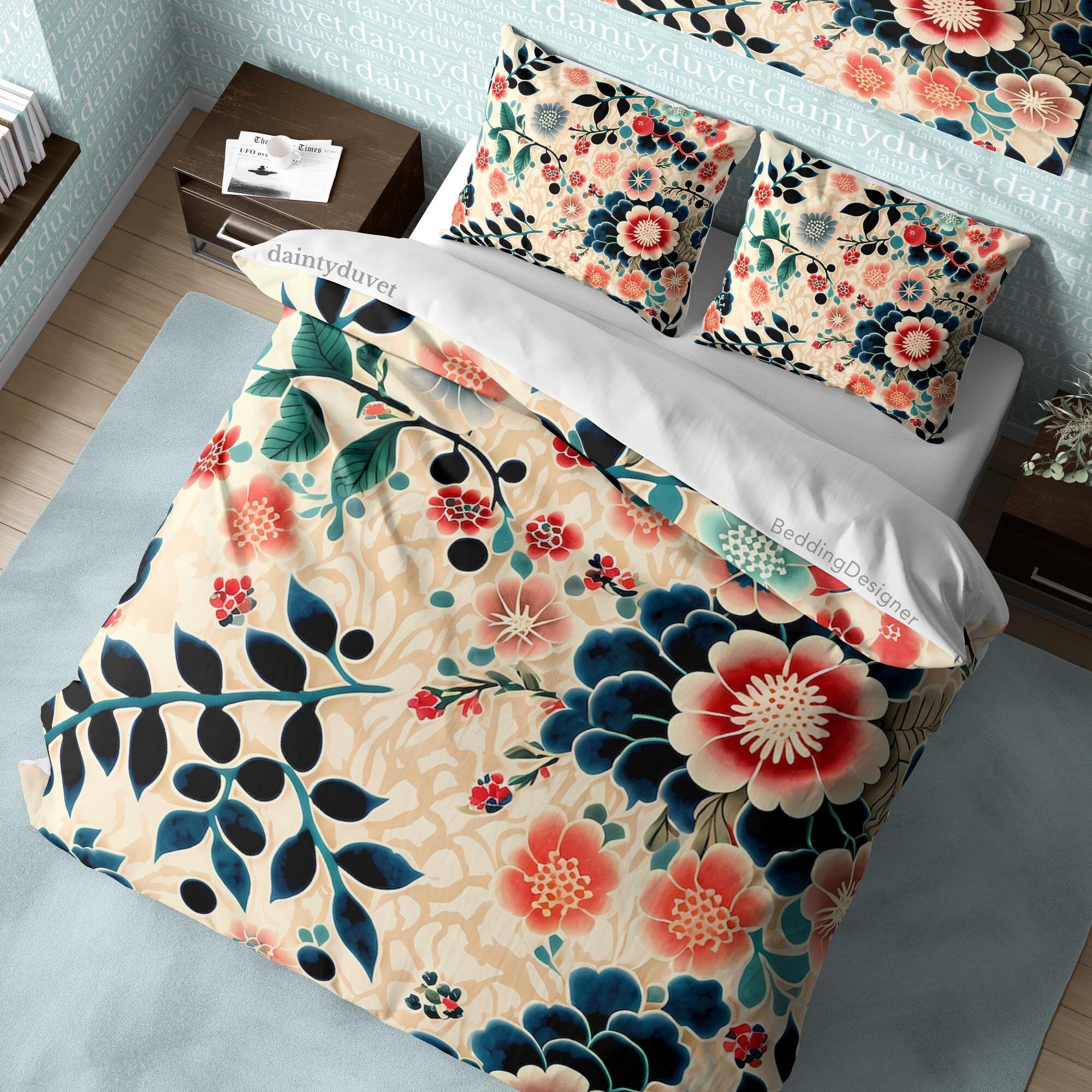 BeddingDesigner - Japanese Pattern Bedding Set, Chrysanthemum Quilt Cover Cotton Duvet Cover, Colorful Flower Blanket Cover Girly Bedroom Bedspread