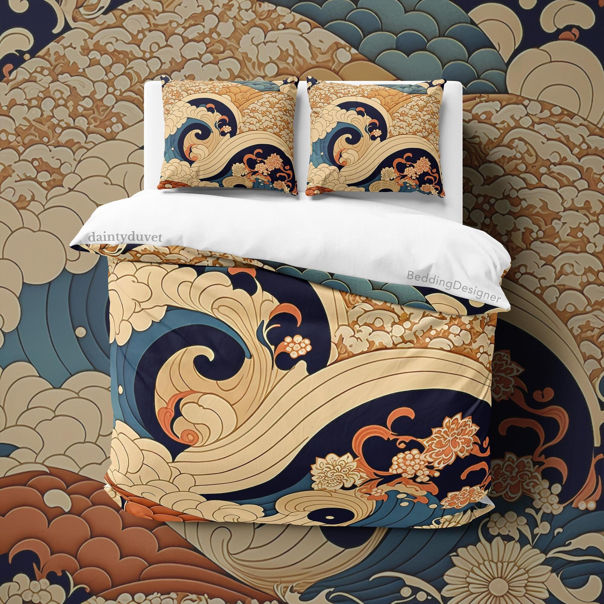 BeddingDesigner - Great Wave Of Kanagawa Quilt Cover Japanese Bedding Set, Cotton Duvet Cover Colorful Bedspread, Teens Bedroom Blanket Cover