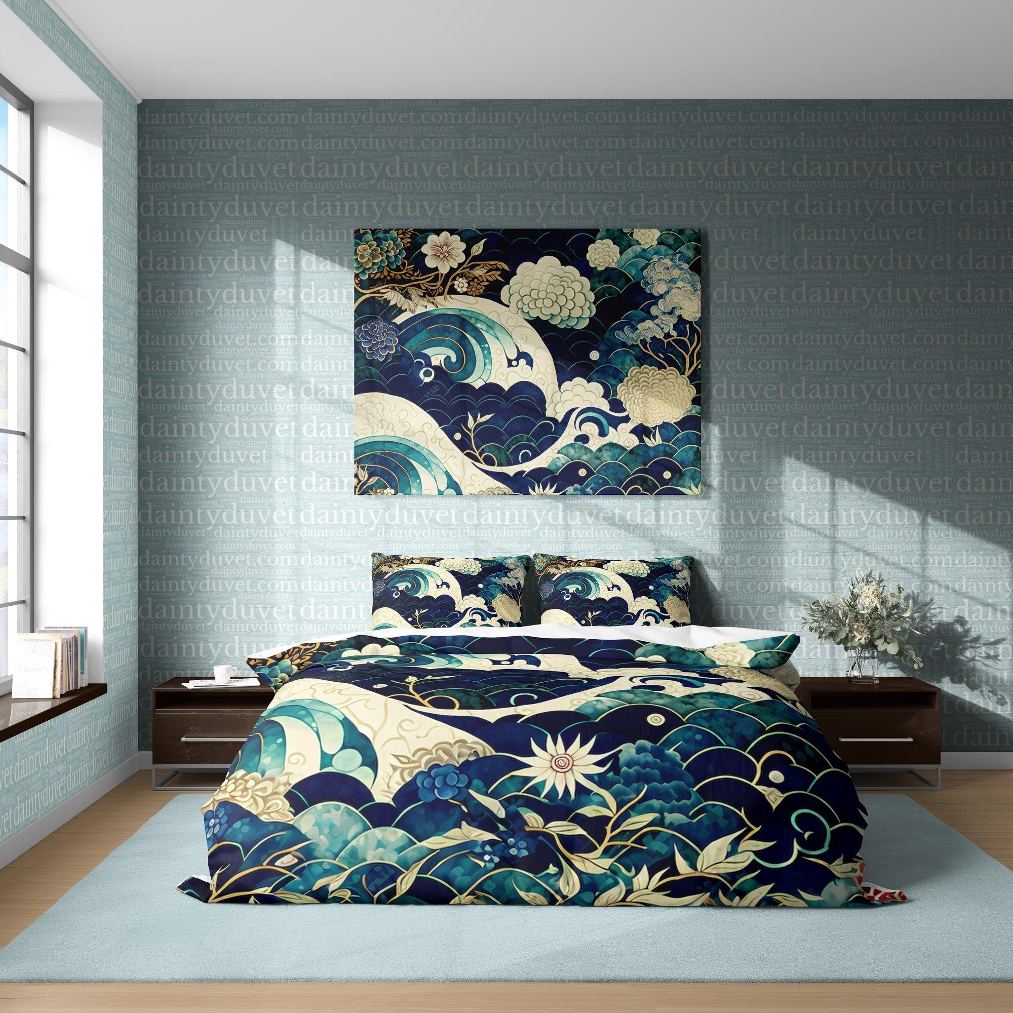 BeddingDesigner - Kanagawa Great Wave Duvet Cover Japanese Pattern Bedding Set, Cotton Duvet Cover Oriental Pattern Blanket Cover, Adults Room Bed Cover