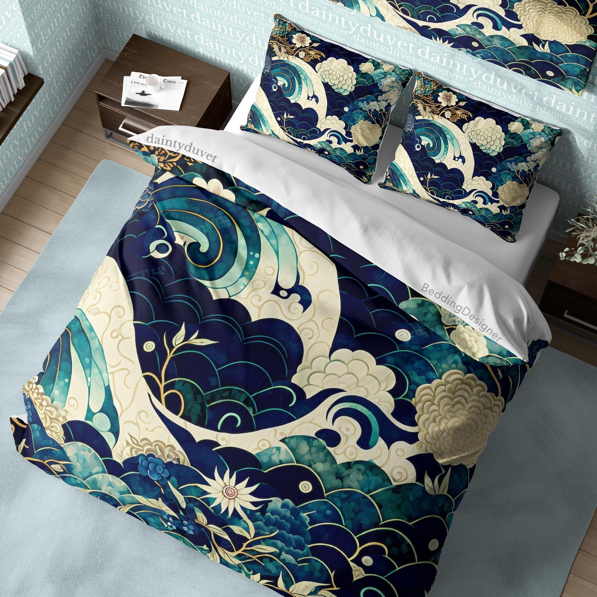 BeddingDesigner - Kanagawa Great Wave Duvet Cover Japanese Pattern Bedding Set, Cotton Duvet Cover Oriental Pattern Blanket Cover, Adults Room Bed Cover