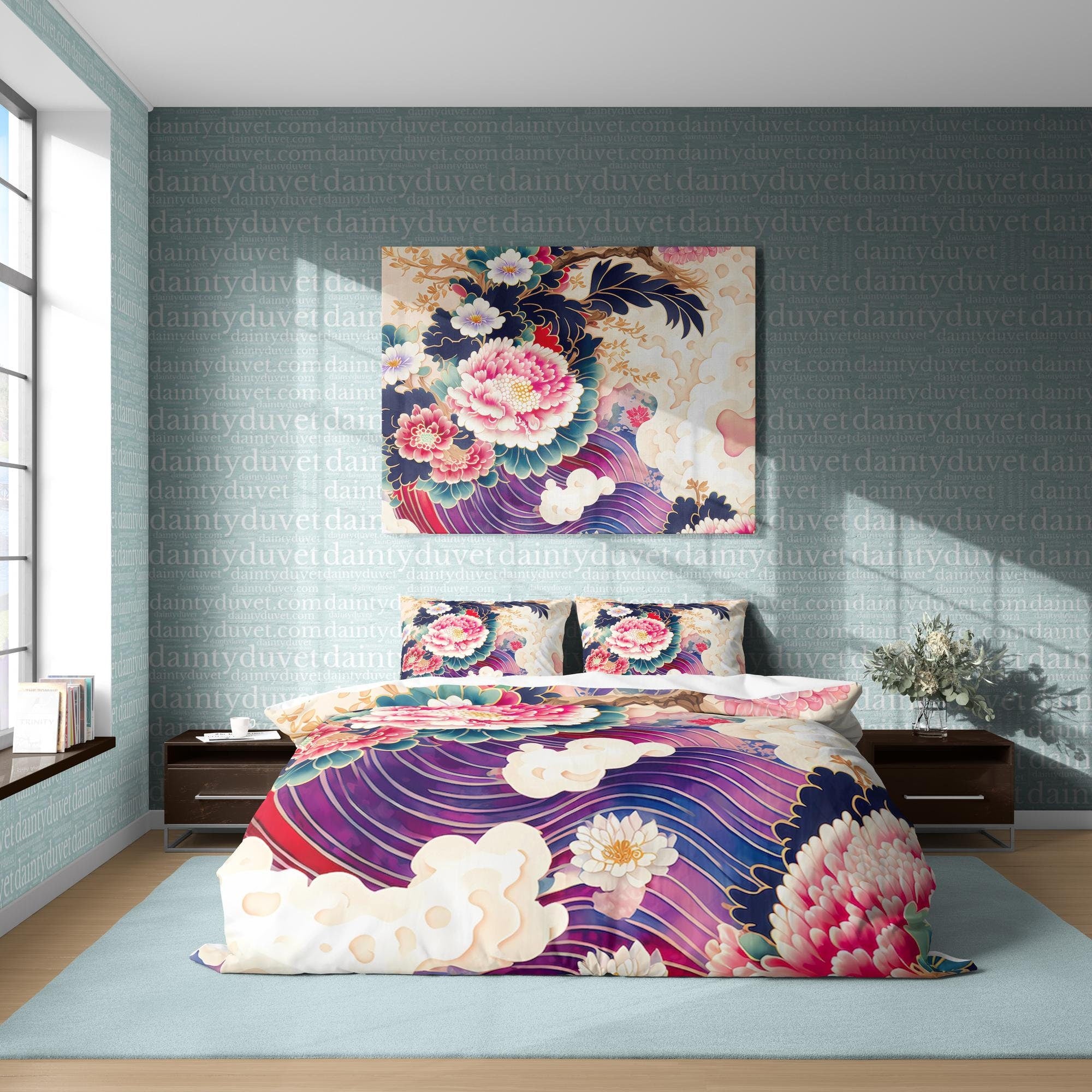 BeddingDesigner - Pink Chrysanthemum Duvet Cover Japanese Pattern Quilt Cover, Great Wave Bedding Set Purple Bedspread Girly Bedroom Bed Cover