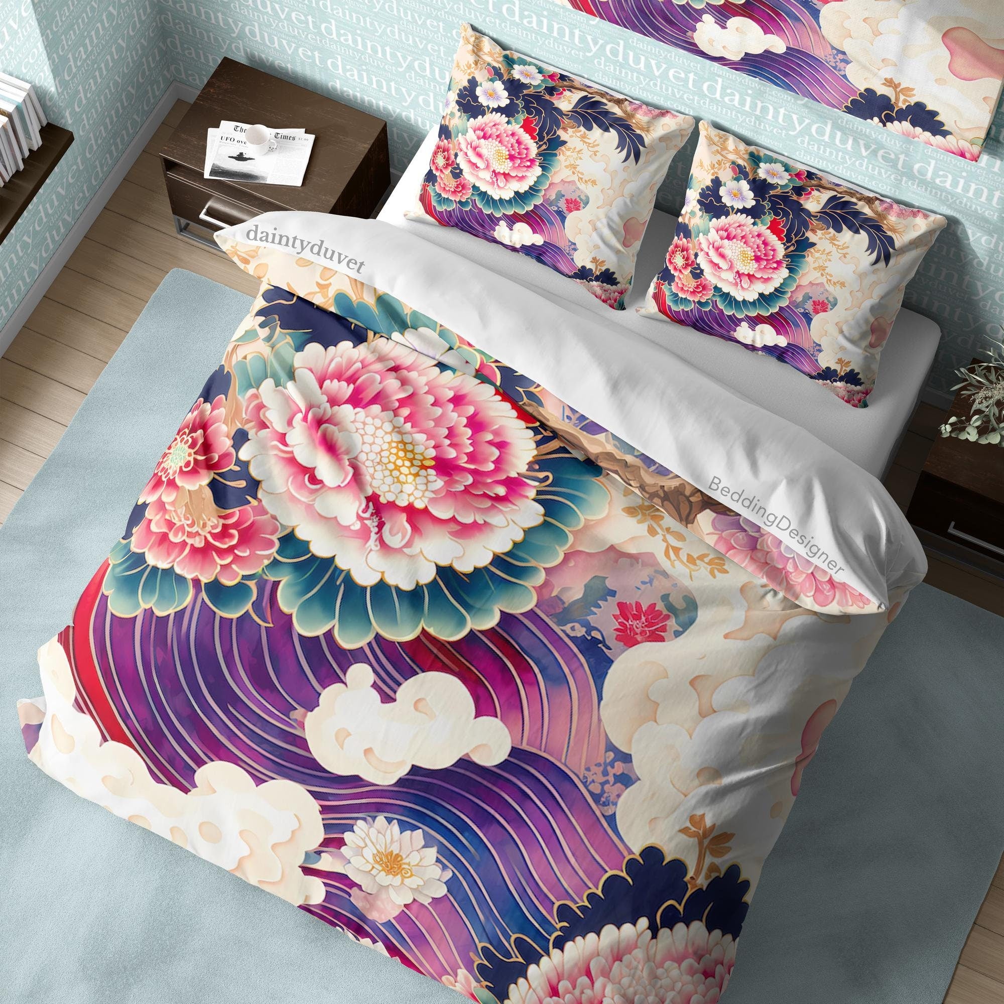 BeddingDesigner - Pink Chrysanthemum Duvet Cover Japanese Pattern Quilt Cover, Great Wave Bedding Set Purple Bedspread Girly Bedroom Bed Cover