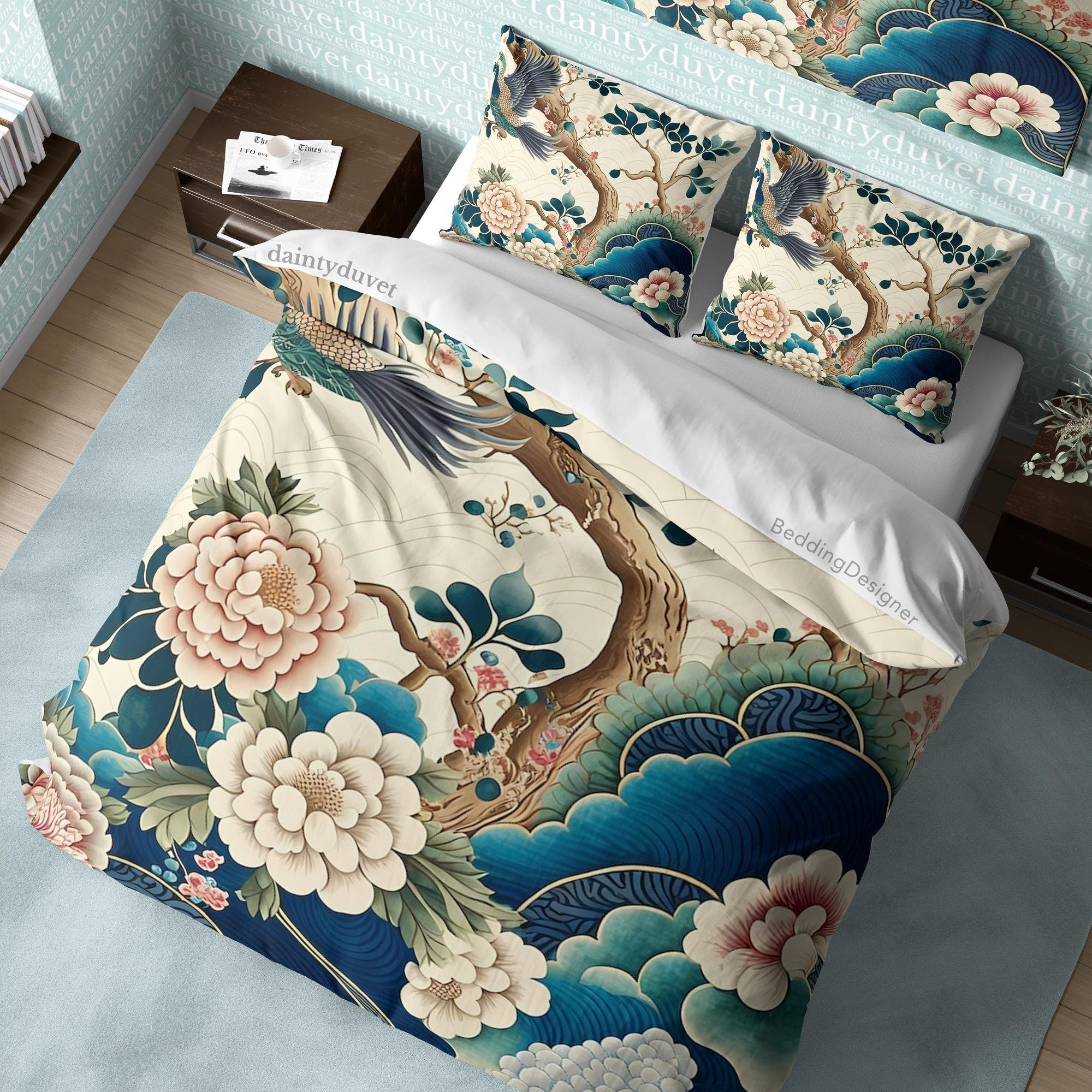 BeddingDesigner - Camellia Duvet Cover Chrysanthemum Quilt Cover, Cherry Blossom Bedding Set Japanese Pattern Blanket Cover, Sakura Tree Bedspread