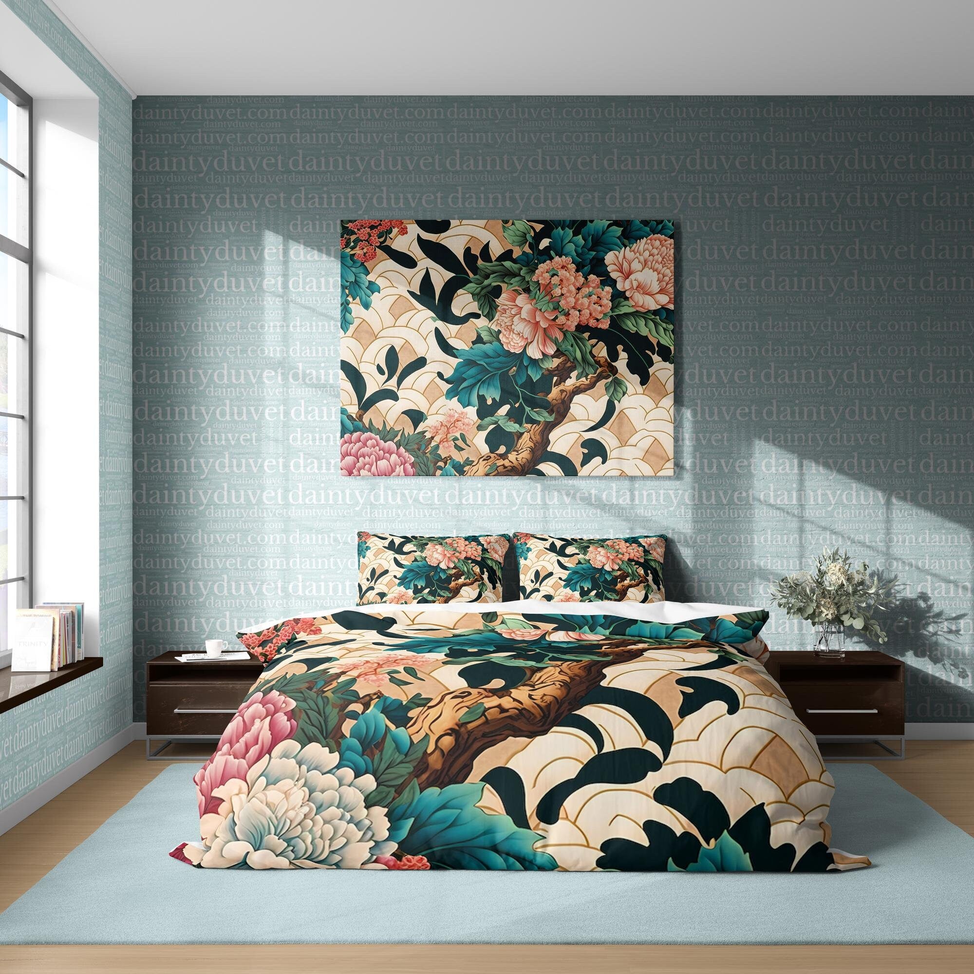 BeddingDesigner - Colorful Bonsai Quilt Cover Japanese Bedding Set, Cotton Duvet Cover Chrysanthemum Blanket Cover, Teens Bedroom Bedspread Unique Bed Cover