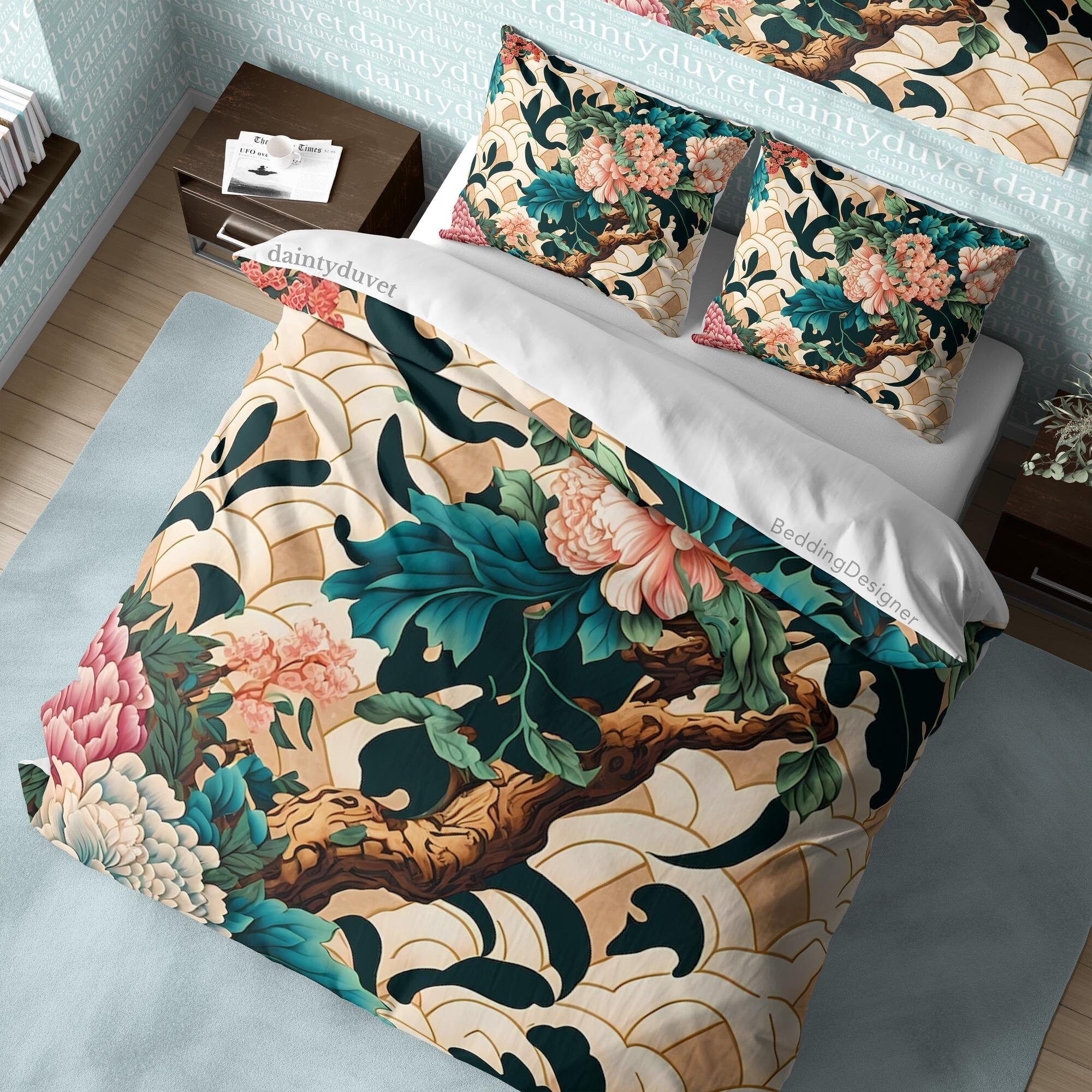 BeddingDesigner - Colorful Bonsai Quilt Cover Japanese Bedding Set, Cotton Duvet Cover Chrysanthemum Blanket Cover, Teens Bedroom Bedspread Unique Bed Cover