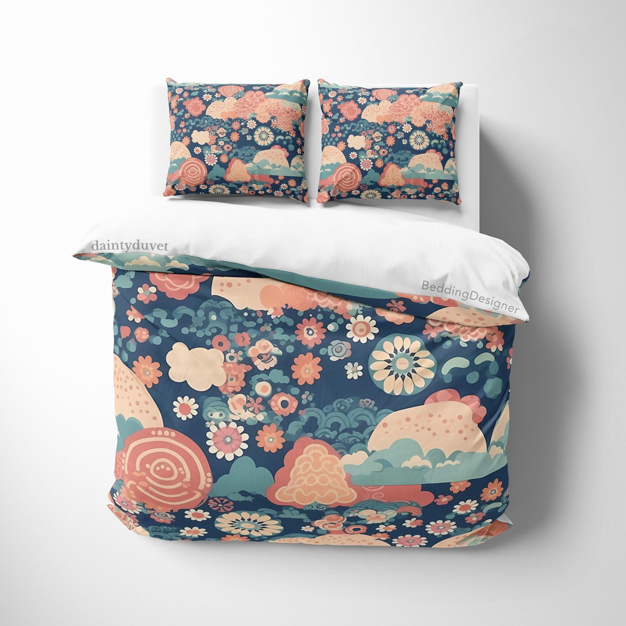 BeddingDesigner - Japanese Flower Duvet Covet Camellia Quilt Cover, Chrysanthemum Bedding Set Cherry Blossom Blanket Cover, Colorful Bedspread