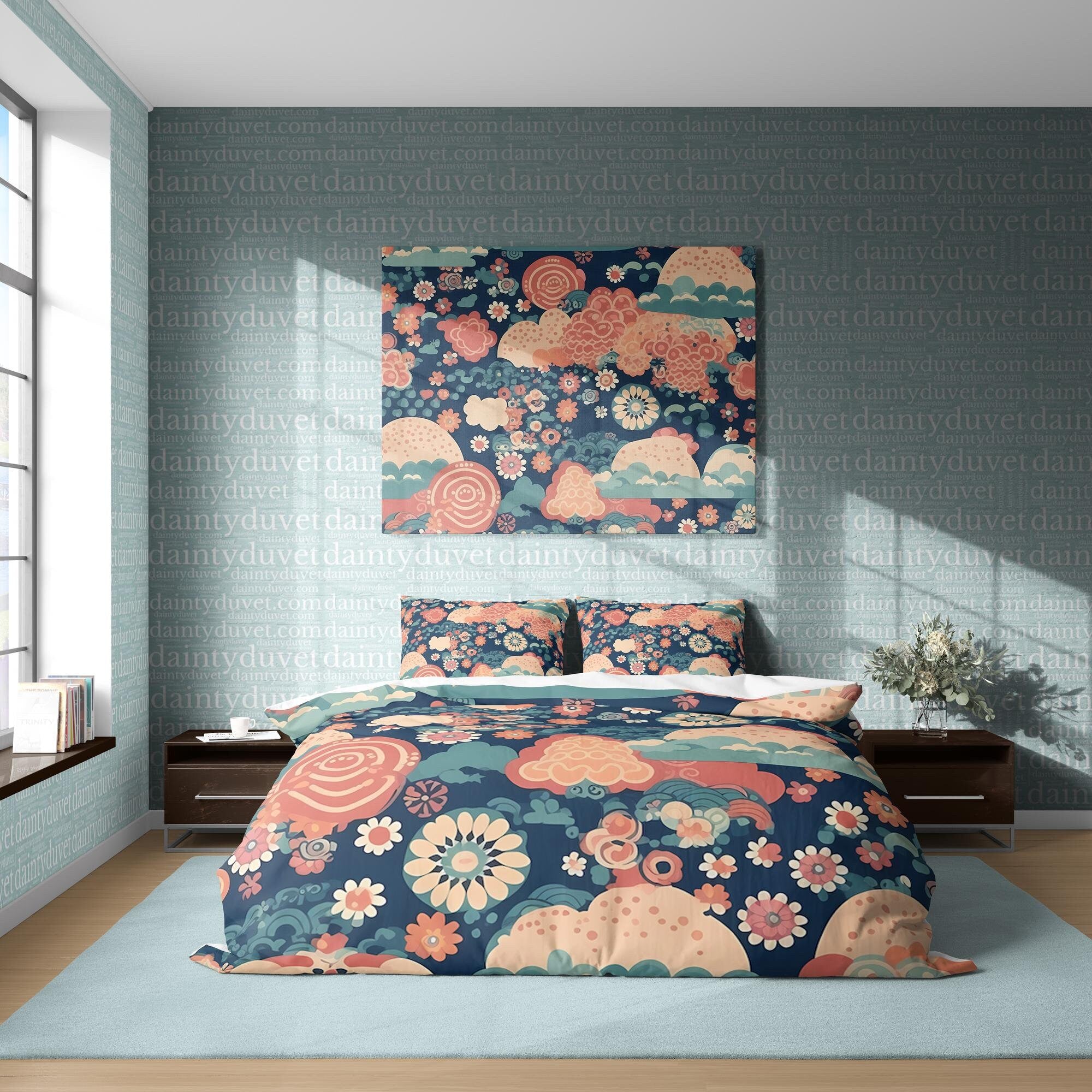 BeddingDesigner - Japanese Flower Duvet Covet Camellia Quilt Cover, Chrysanthemum Bedding Set Cherry Blossom Blanket Cover, Colorful Bedspread