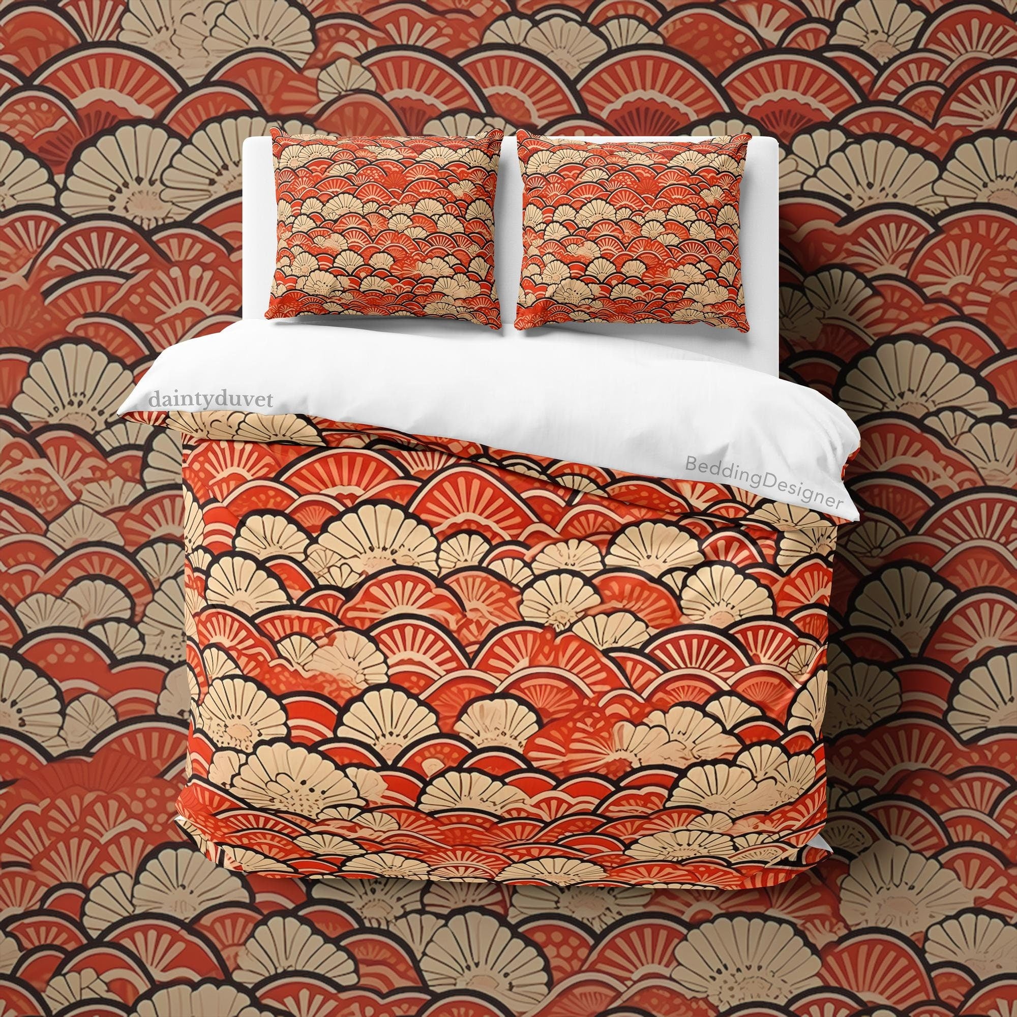 BeddingDesigner - Orange Oriental Pattern Duvet Cover Japanese Quilt Cover, Teens Bedroom Bedding Set Vibrant Color Blanket Cover, Reversible Bed Cover