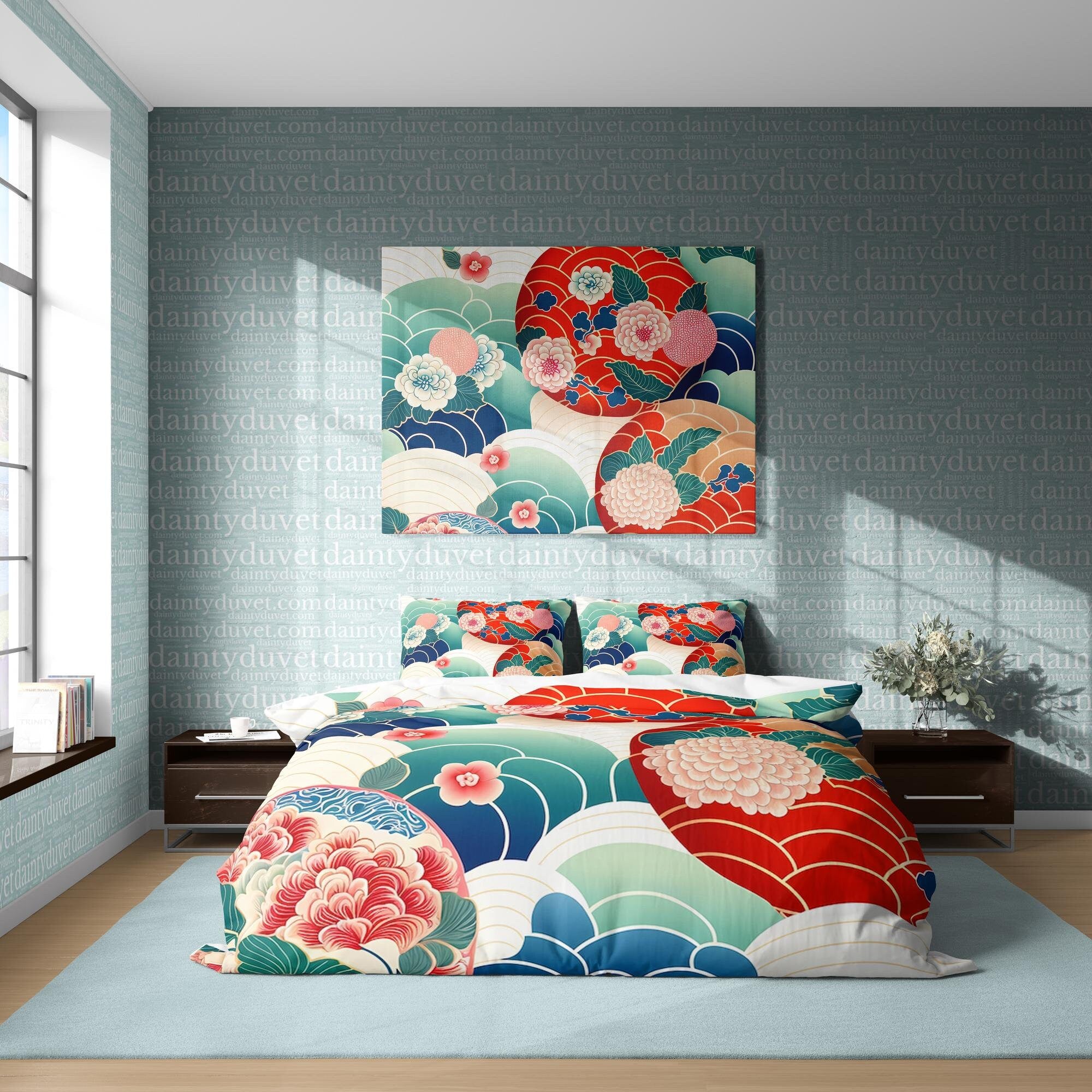 BeddingDesigner - Chrysanthemum Duvet Cover Vibrant Color Quilt Cover, Colorful Bedspread Japanese Pattern Bedding Set, Oriental Pattern Bed Cover