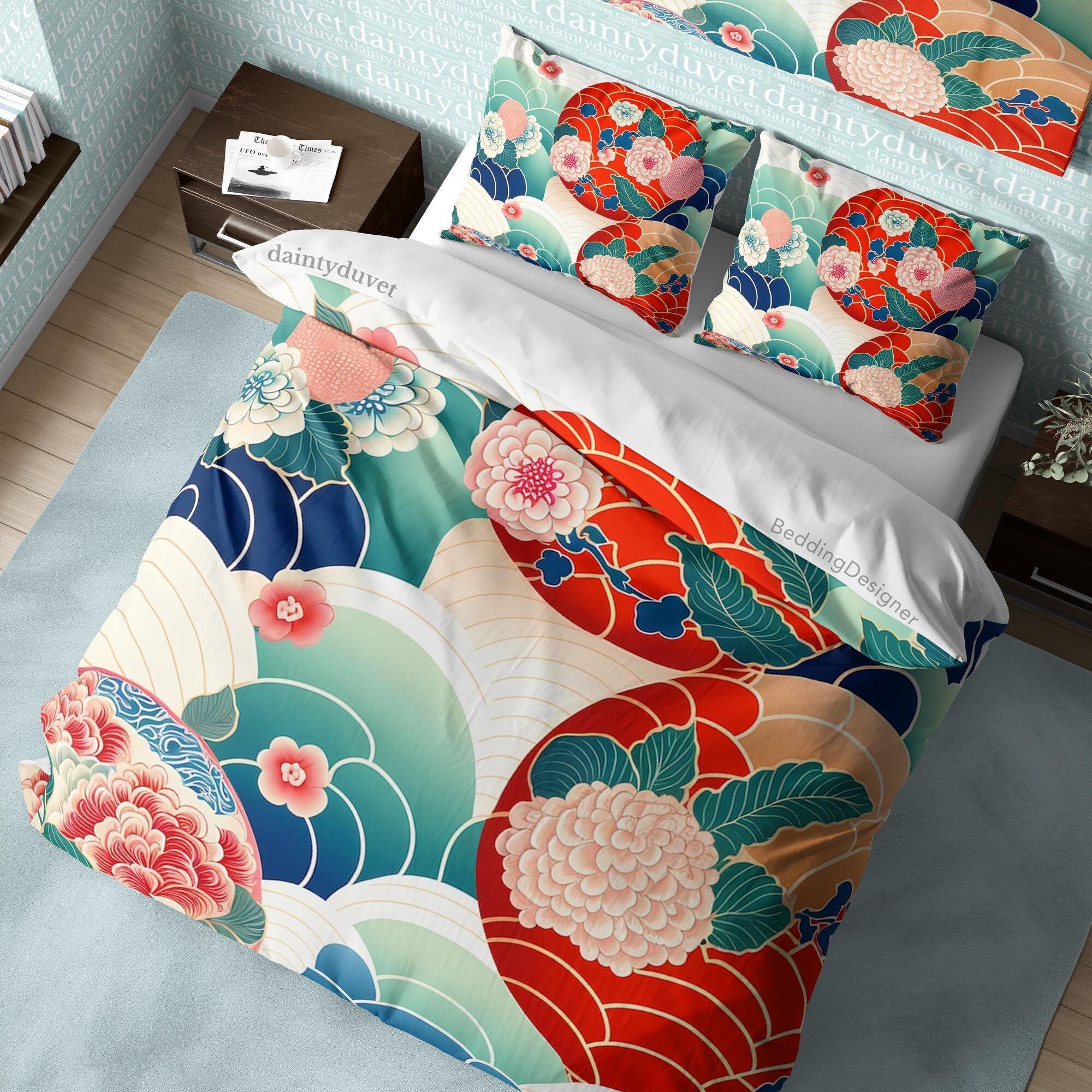 BeddingDesigner - Chrysanthemum Duvet Cover Vibrant Color Quilt Cover, Colorful Bedspread Japanese Pattern Bedding Set, Oriental Pattern Bed Cover