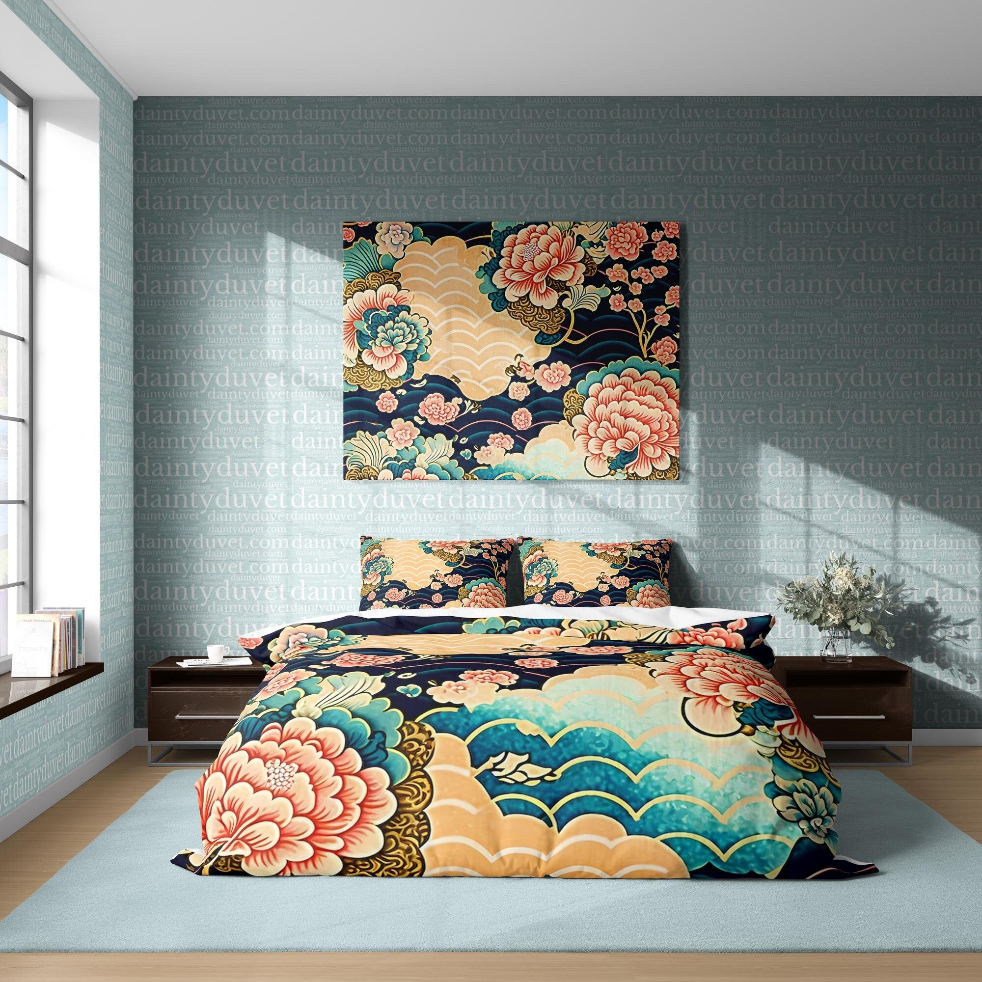 BeddingDesigner - Chrysanthemum Duvet Cover Oriental Pattern Quilt Cover, Japanese Pattern Bedding Set Teens Bedroom Blanket Cover, Colorful Bedspread