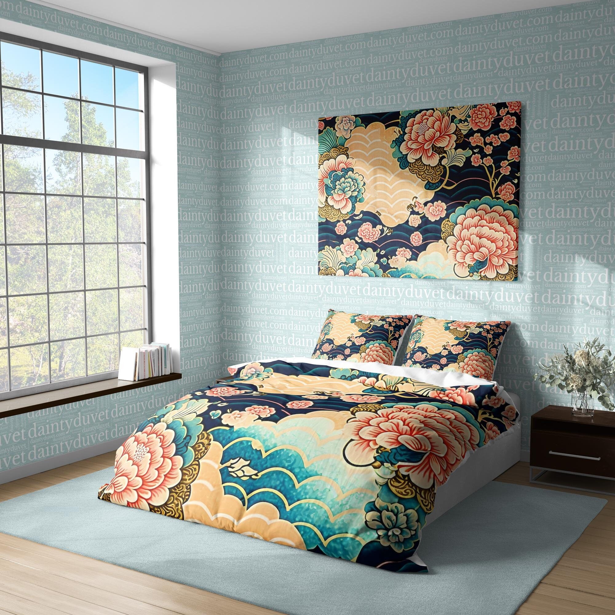 BeddingDesigner - Chrysanthemum Duvet Cover Oriental Pattern Quilt Cover, Japanese Pattern Bedding Set Teens Bedroom Blanket Cover, Colorful Bedspread