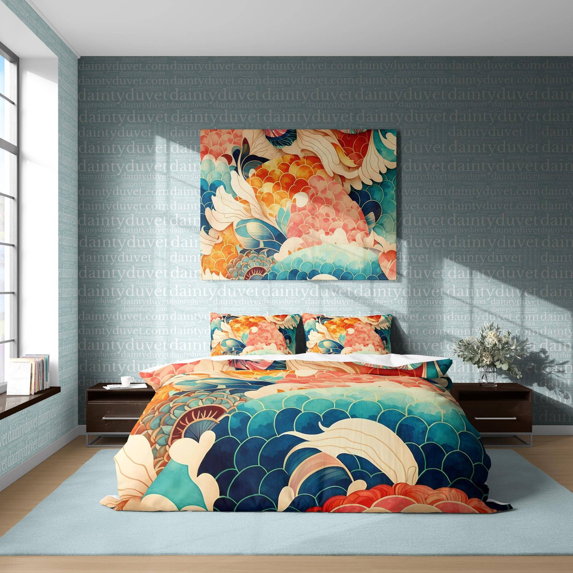 BeddingDesigner - Colorful Fish Scale Quilt Cover Japanese Bedding Set, Cotton Duvet Cover Oriental Pattern Bedspread, Adults Bedroom Blanket Cover