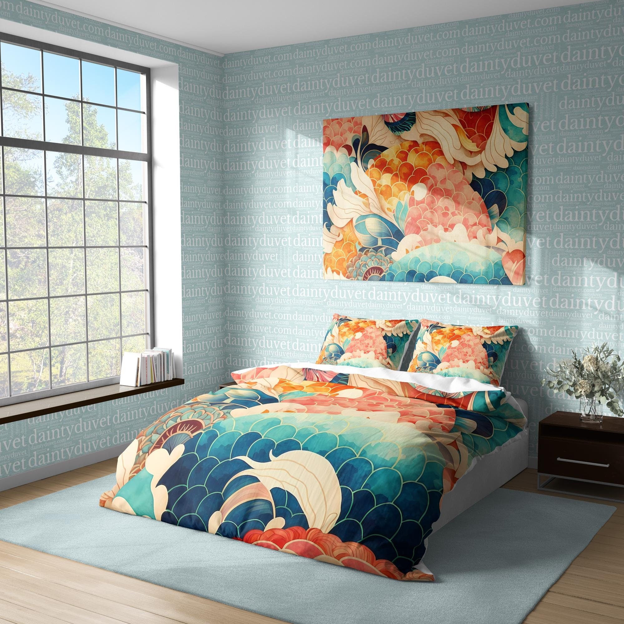 BeddingDesigner - Colorful Fish Scale Quilt Cover Japanese Bedding Set, Cotton Duvet Cover Oriental Pattern Bedspread, Adults Bedroom Blanket Cover