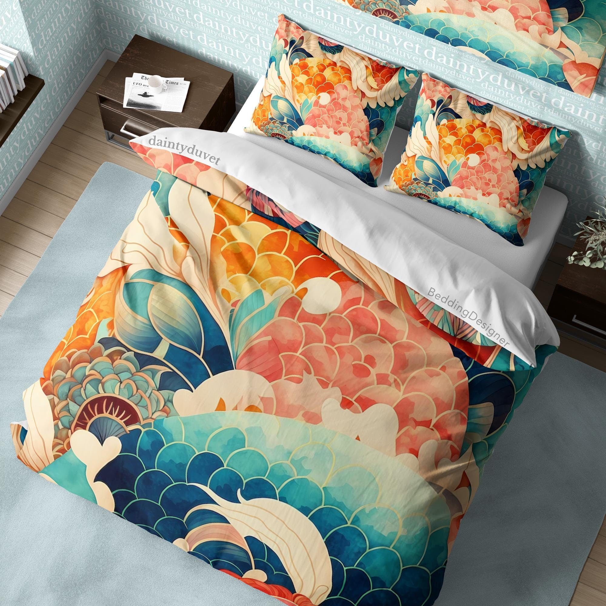 BeddingDesigner - Colorful Fish Scale Quilt Cover Japanese Bedding Set, Cotton Duvet Cover Oriental Pattern Bedspread, Adults Bedroom Blanket Cover