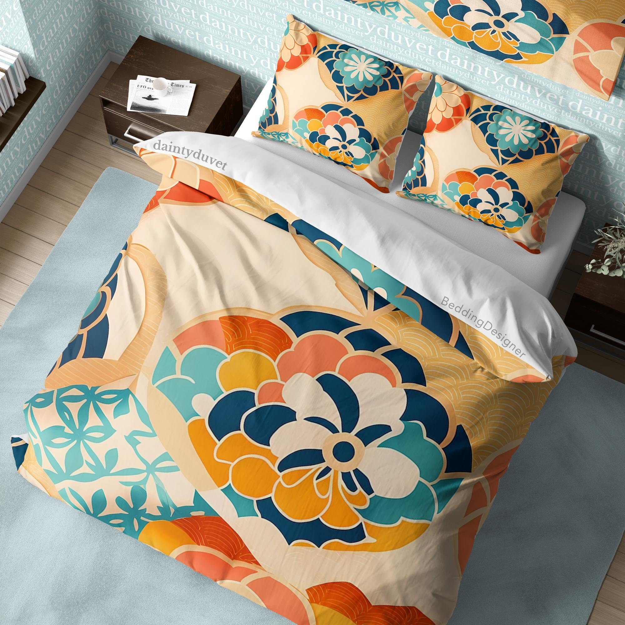 BeddingDesigner - Colorful Chrysanthemum Quilt Cover Japanese Bedding Set, Cotton Duvet Cover Boho Bedspread, Teens Bedroom Blanket Cover Unique Bed Cover