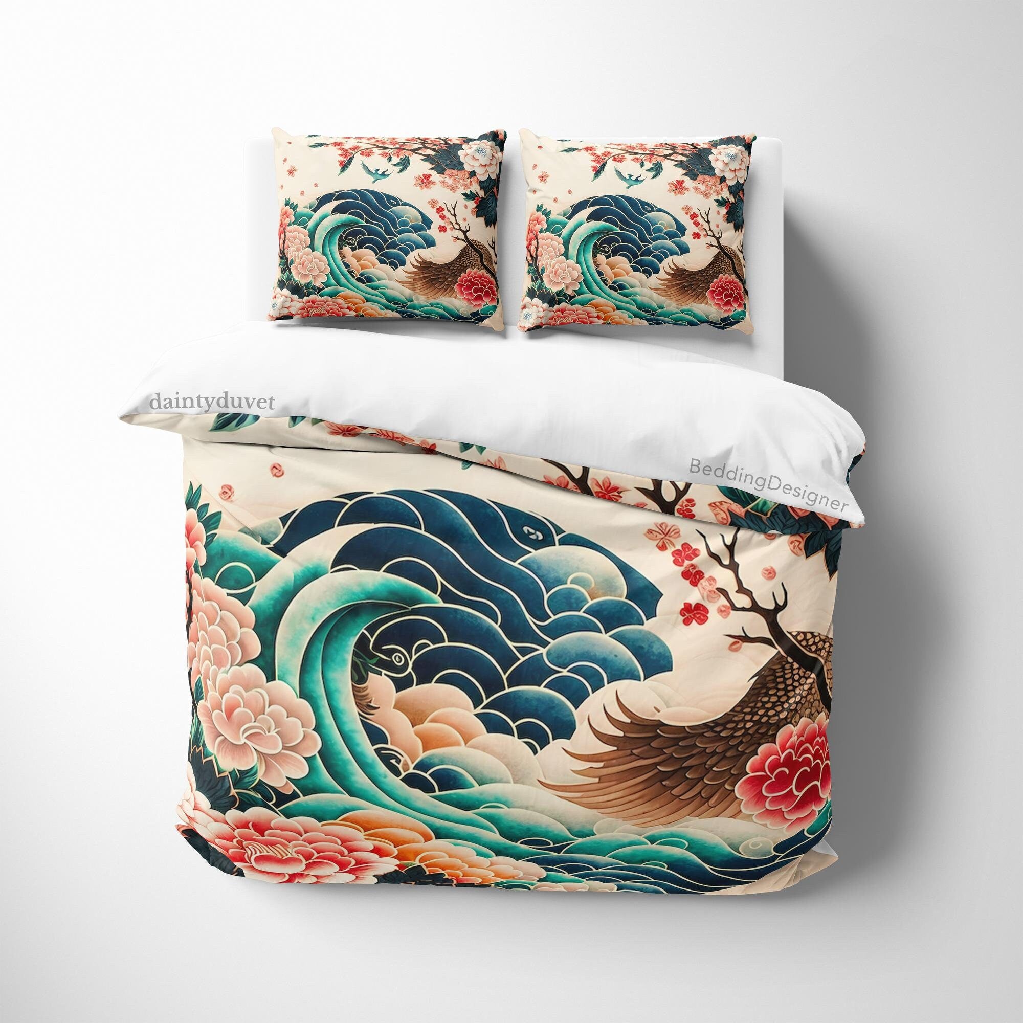 BeddingDesigner - Bird Wing Duvet Cover Great Wave Quilt Cover, Japanese Art Bedding Set Camellia Blanket Cover, Floral Bedspread Girls Room Bedcover