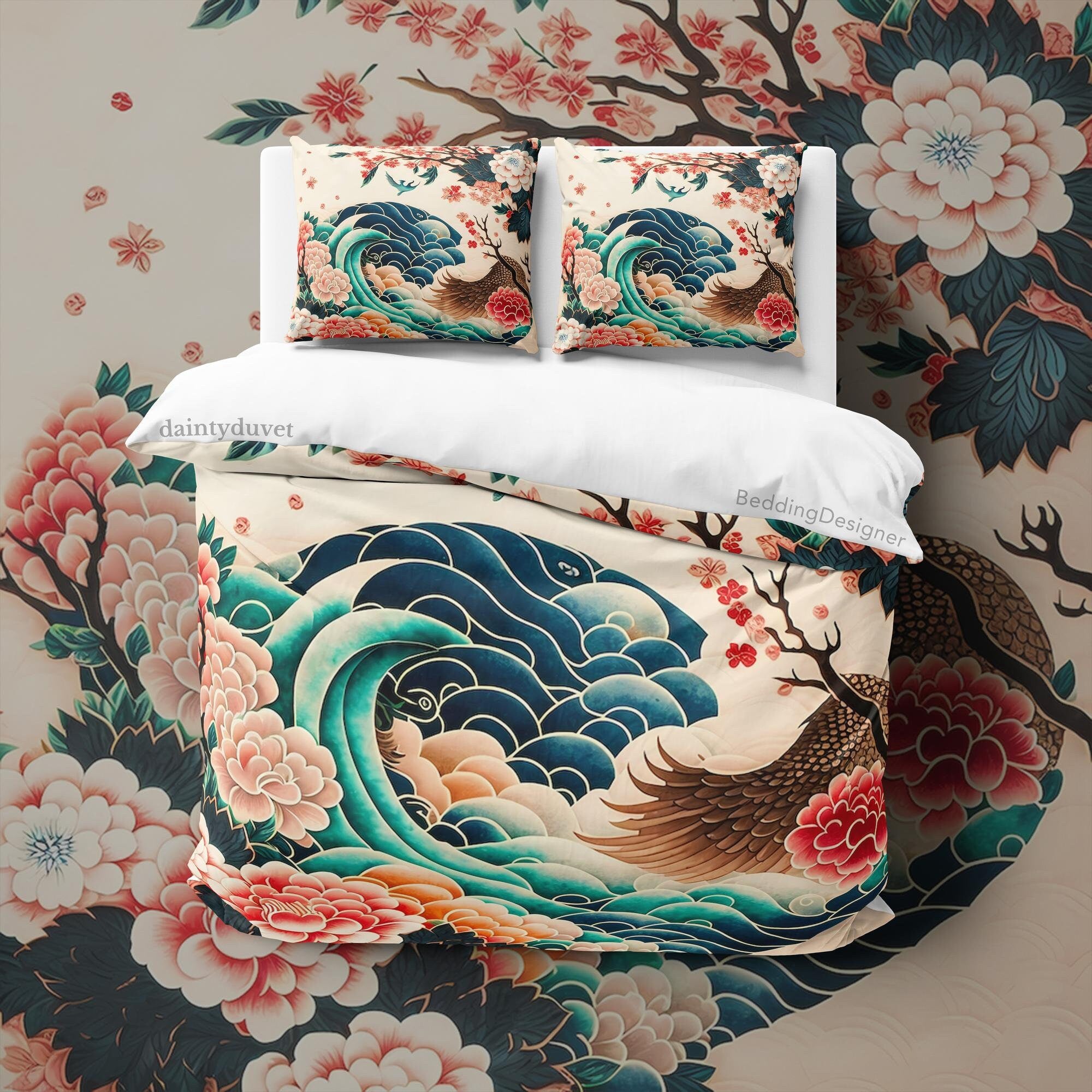 BeddingDesigner - Bird Wing Duvet Cover Great Wave Quilt Cover, Japanese Art Bedding Set Camellia Blanket Cover, Floral Bedspread Girls Room Bedcover