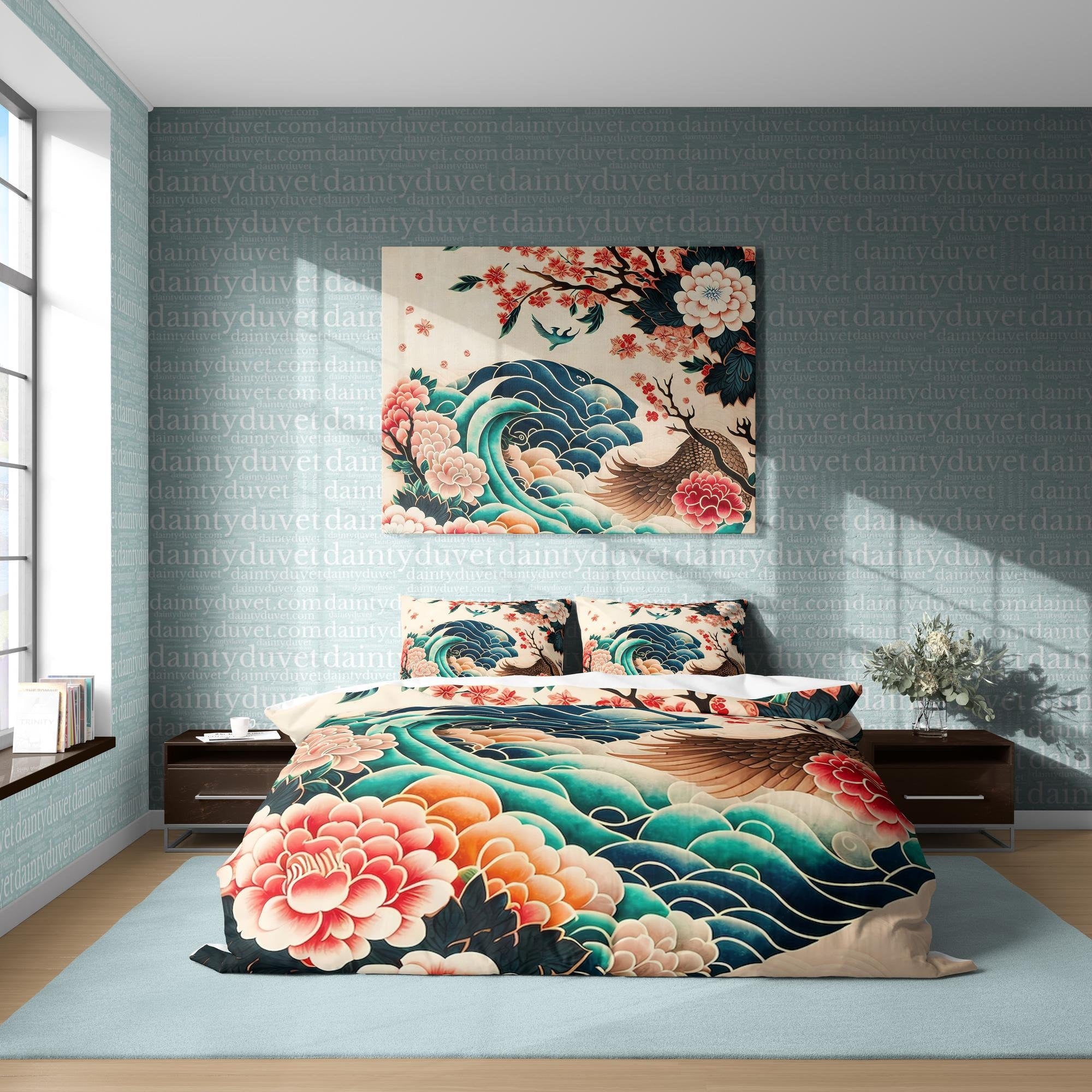 BeddingDesigner - Bird Wing Duvet Cover Great Wave Quilt Cover, Japanese Art Bedding Set Camellia Blanket Cover, Floral Bedspread Girls Room Bedcover