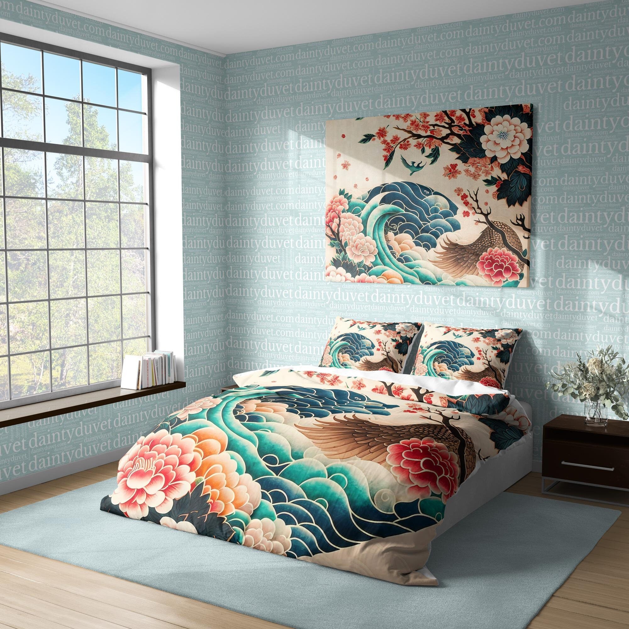 BeddingDesigner - Bird Wing Duvet Cover Great Wave Quilt Cover, Japanese Art Bedding Set Camellia Blanket Cover, Floral Bedspread Girls Room Bedcover