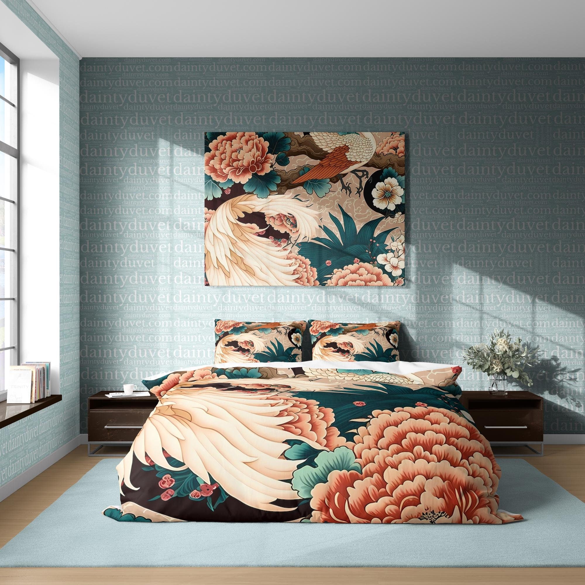 BeddingDesigner - Colorful Japanese Pattern Bedding Set, Cotton Duvet Cover Chrysanthemum Bonsai Blanket Cover, Girly Bedroom Bedspread Unique Bed Cover